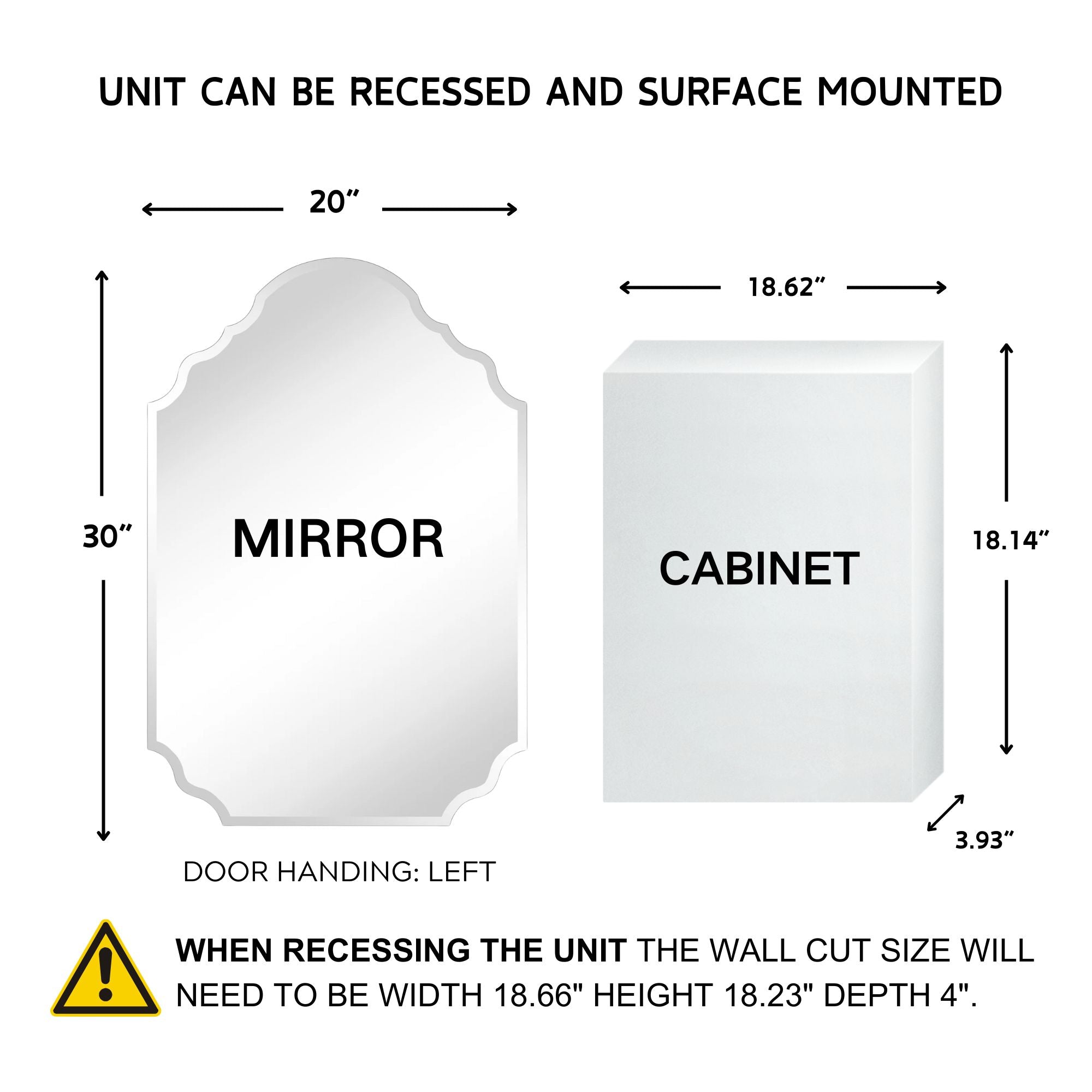 Frameless Irregular Medicine Cabinet with Beveled Mirror Recess & Surface Bathroom Medicine Cabinet Mirror with Storage for Bathroom, 20'' H x 30'' W