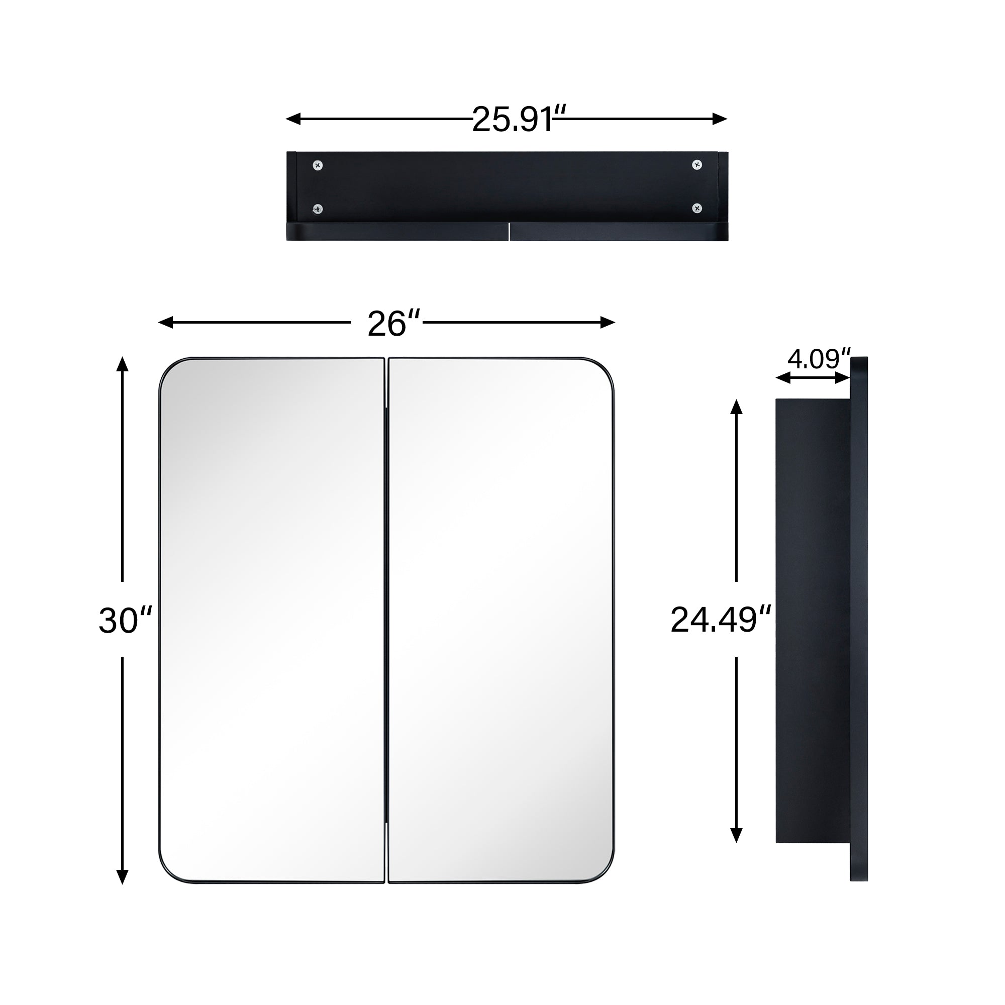 Double Door Rectangular Metal Framed Rounded Bathroom Medicine Cabinet with Mirror