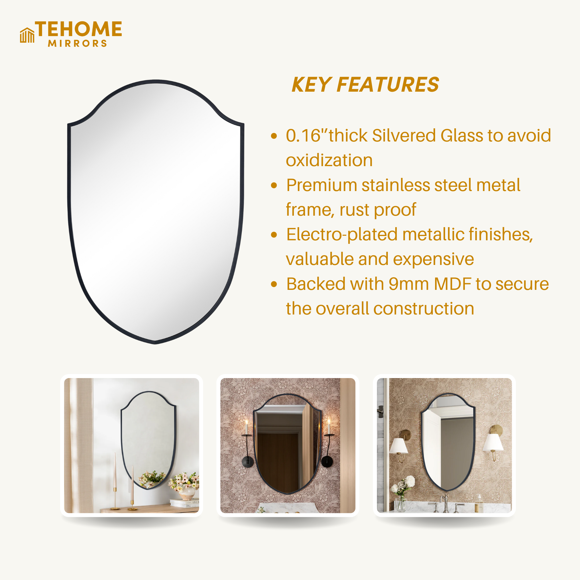 TEHOME Irregular Arched Metal Bathroom Mirror Accent Asymmetrical Mirror for Bathroom Vanity, Dresser, Mantel or Bedroom
