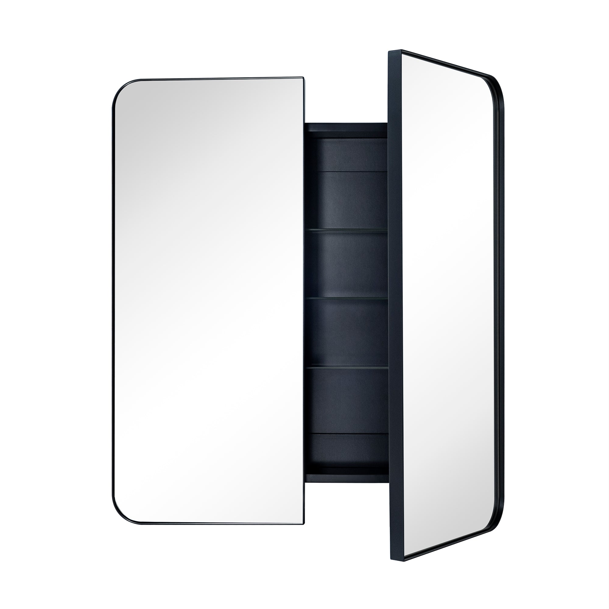 Double Door Rectangular Metal Framed Rounded Bathroom Medicine Cabinet with Mirror
