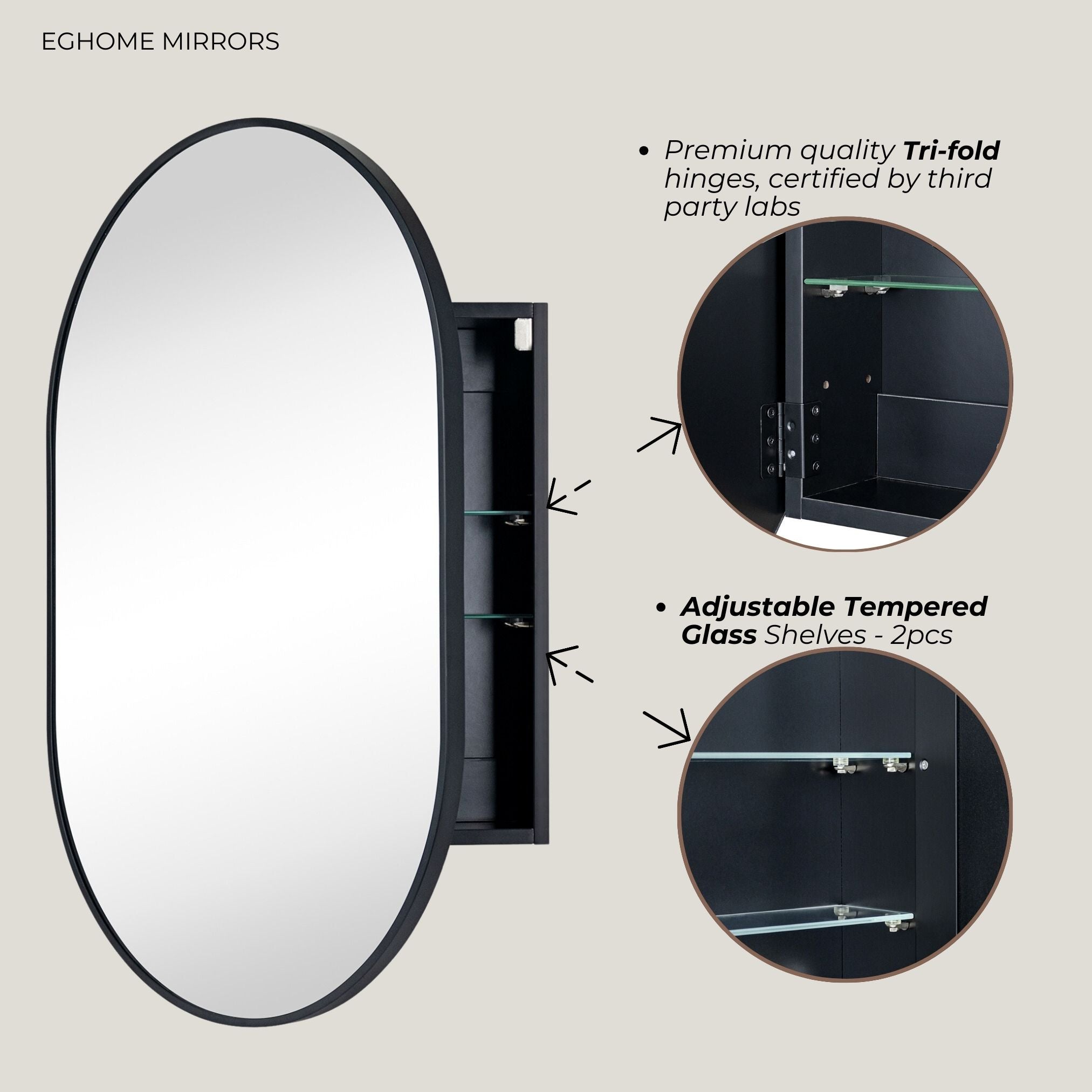 Surface Mounted Pill Shaped Oval Medicine Cabinet with Mirror Black Metal Oval Bathroom Medicine Cabinet with Adjustable Glass Shelves, 20'' W x 30'' H