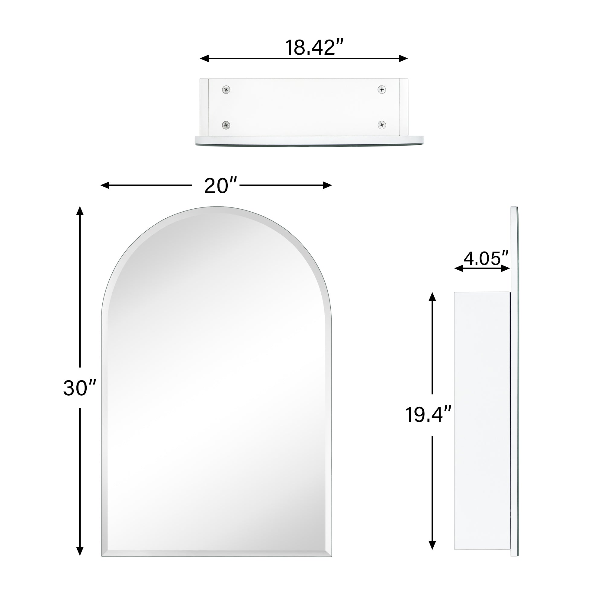Arched Recess and Surface Mount Frameless Medicine Cabinet with Mirror