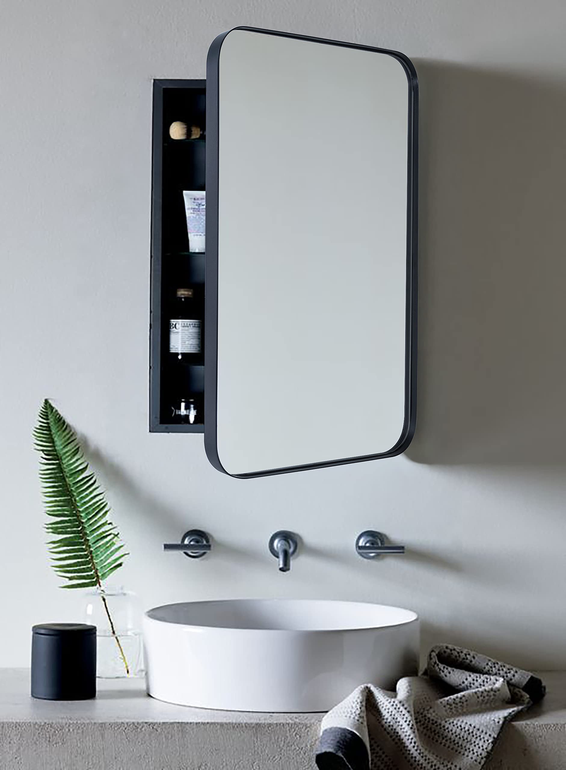 Rounded Rectangular Stainless Steel Recessed Framed Medicine Cabinet with Mirror