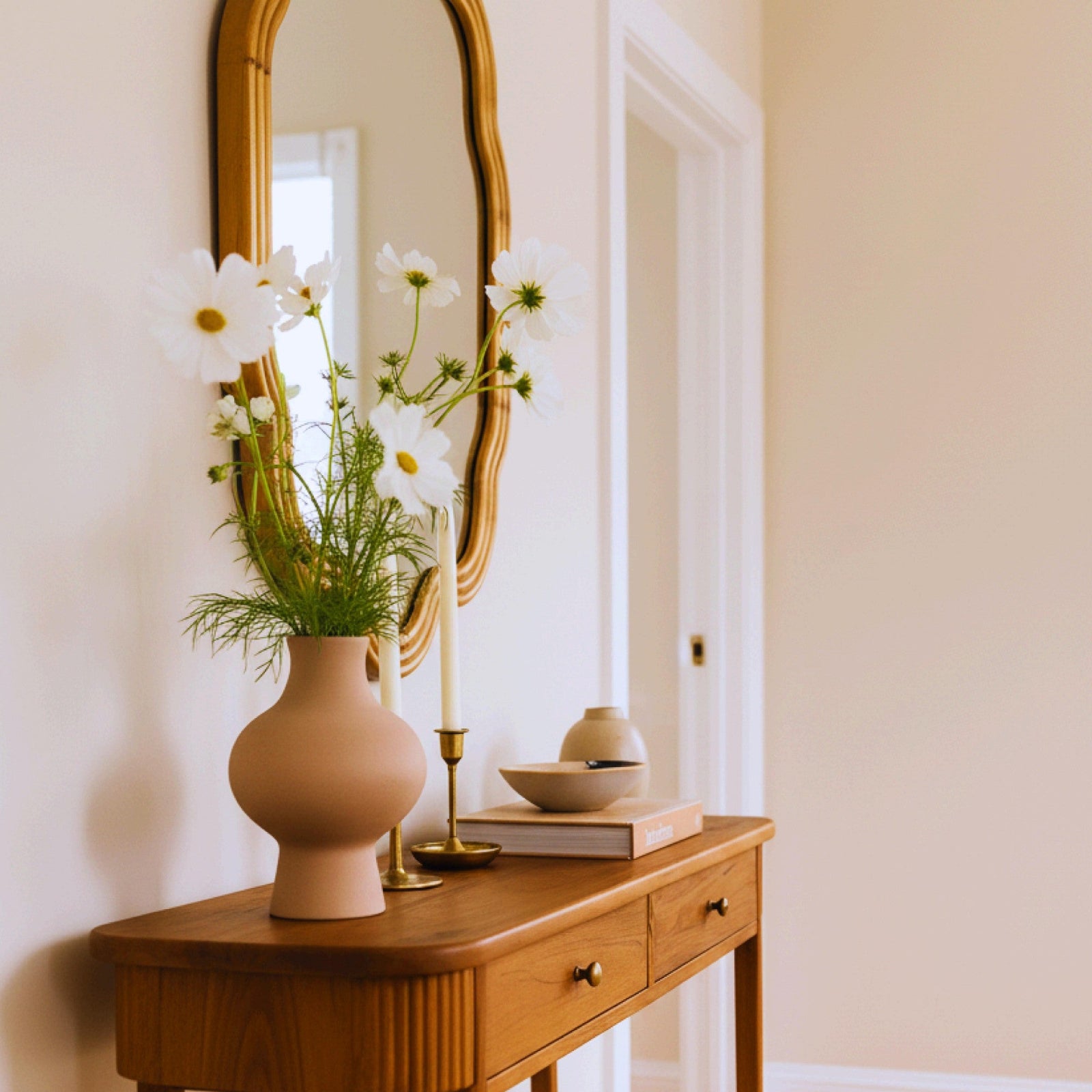 TEHOME 24''x36'' Irregular Wood Framed Mirror with Scalloped and Curvy Corners, Asymmetrical Natural Wood Bathroom Wall Mirror, Vertical/Horizontal Hanging