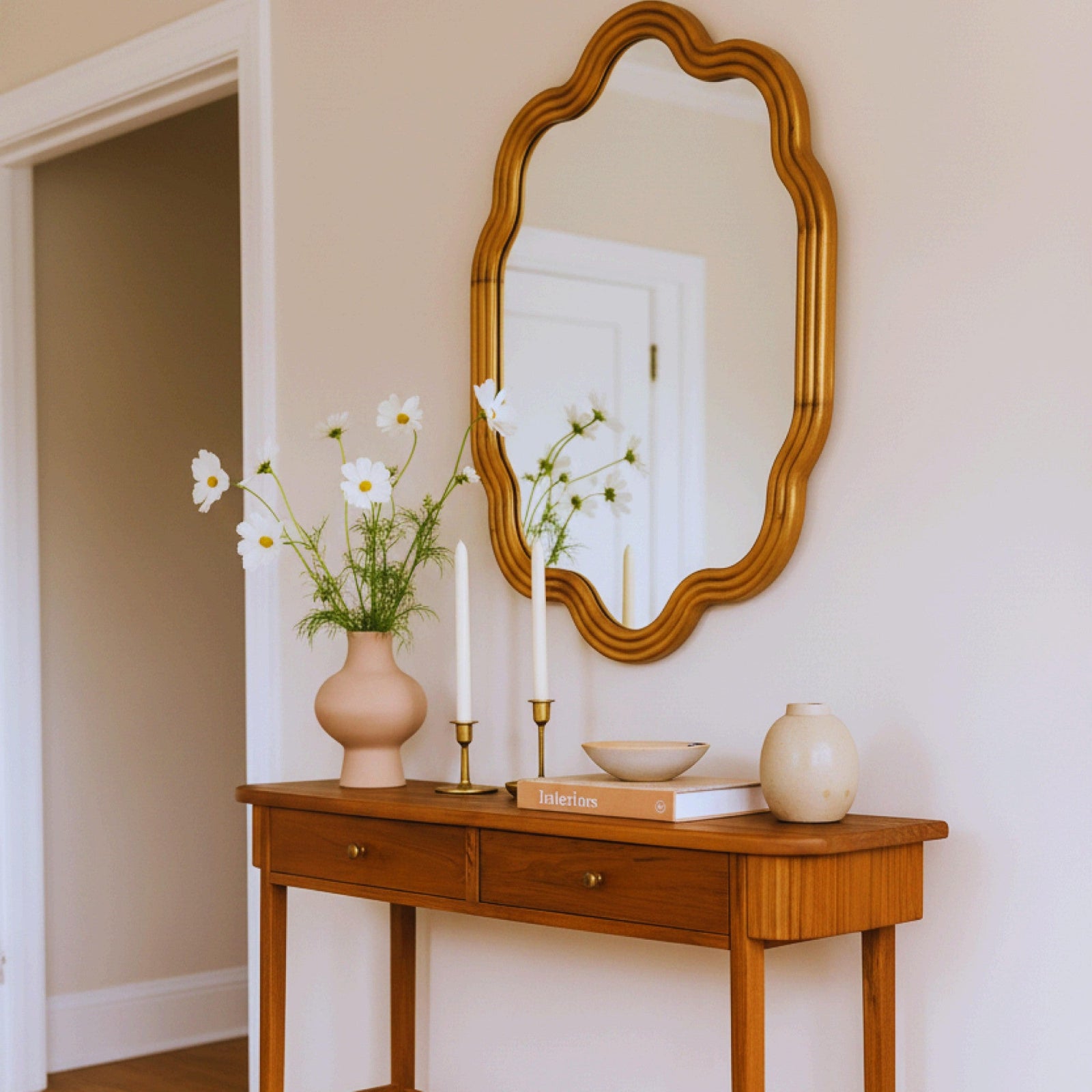 TEHOME 24''x36'' Irregular Wood Framed Mirror with Scalloped and Curvy Corners, Asymmetrical Natural Wood Bathroom Wall Mirror, Vertical/Horizontal Hanging