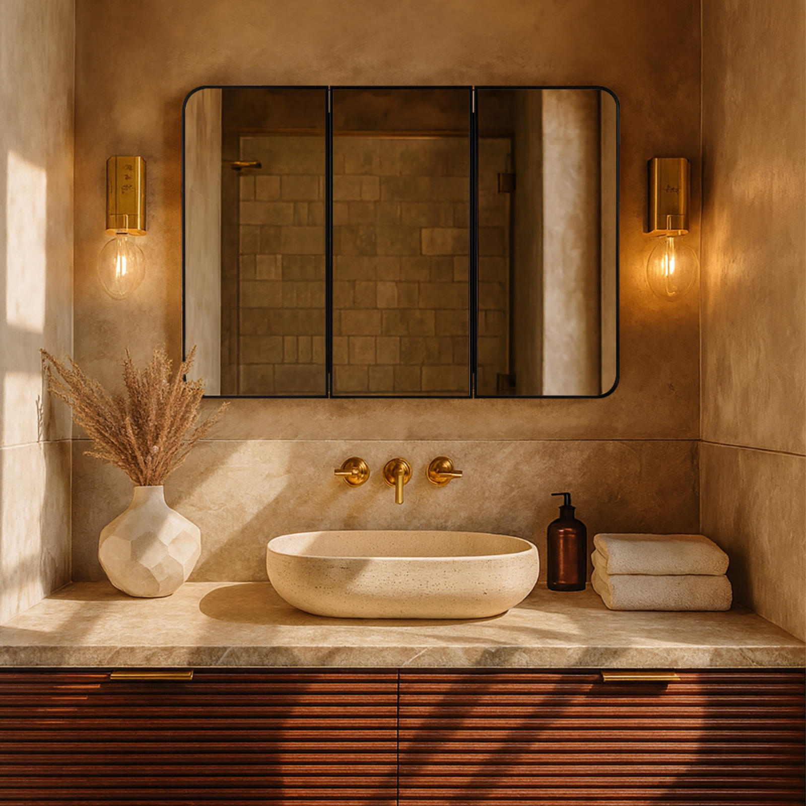 Haven Modern Rectangle Triple Door Recessed and Surface Mount Bathroom Medicine Cabinet with Mirrors