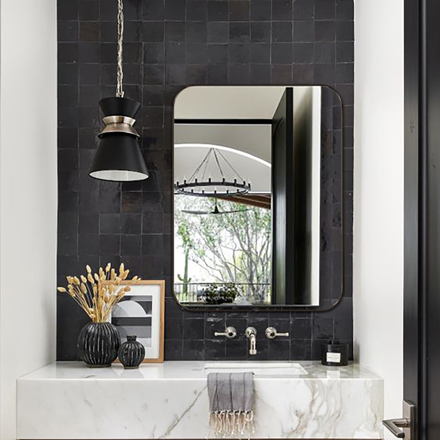 Rounded Rectangular Framed Wall Mounted Bathroom Vanity Mirror