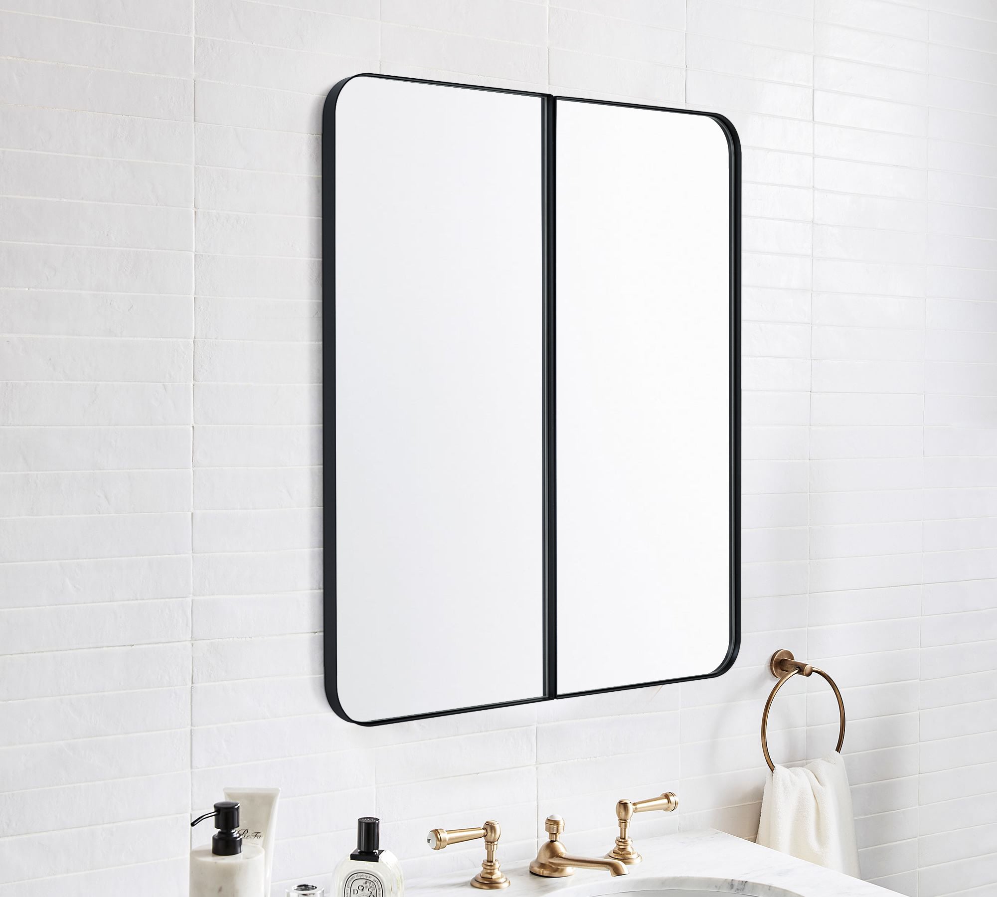Double Door Rectangular Metal Framed Rounded Bathroom Medicine Cabinet with Mirror