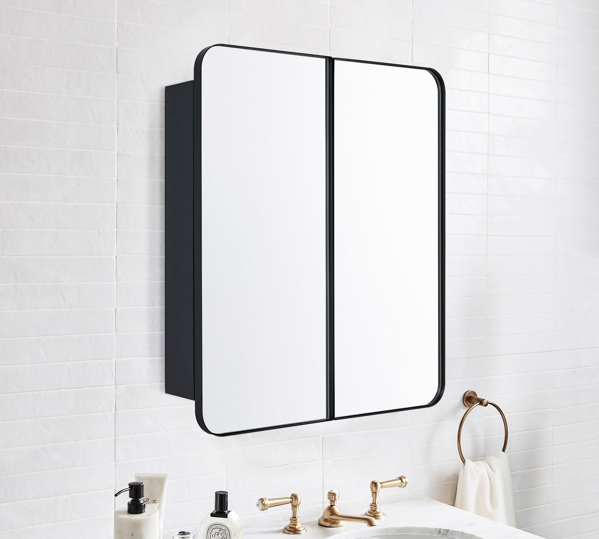 Double Door Rectangular Metal Framed Rounded Bathroom Medicine Cabinet with Mirror