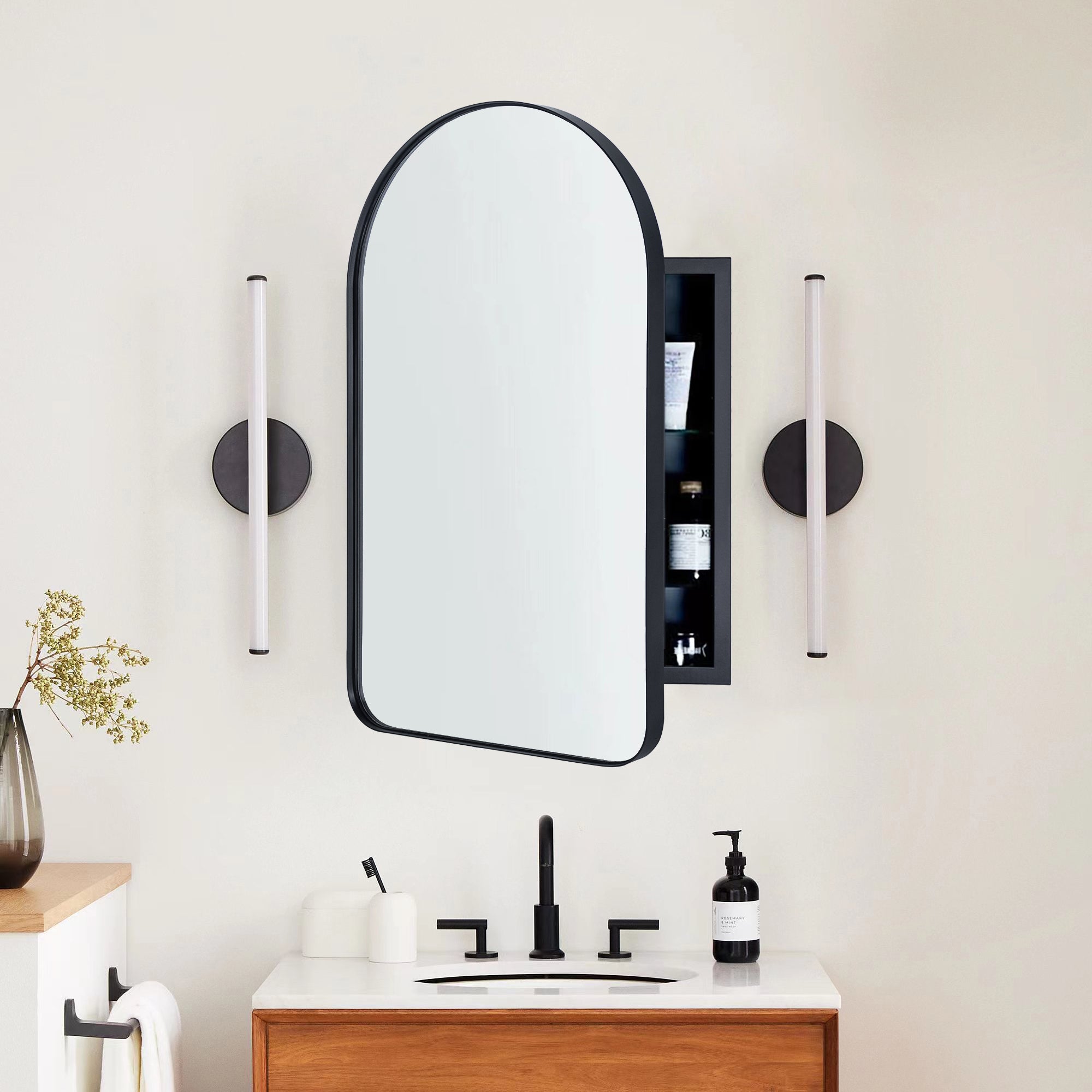 Aristes Arched Metal Framed Recessed Medicine Cabinet with Mirror for bathroom