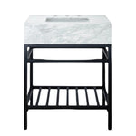 A freestanding bathroom vanity with a white marble countertop and black metal shelf.