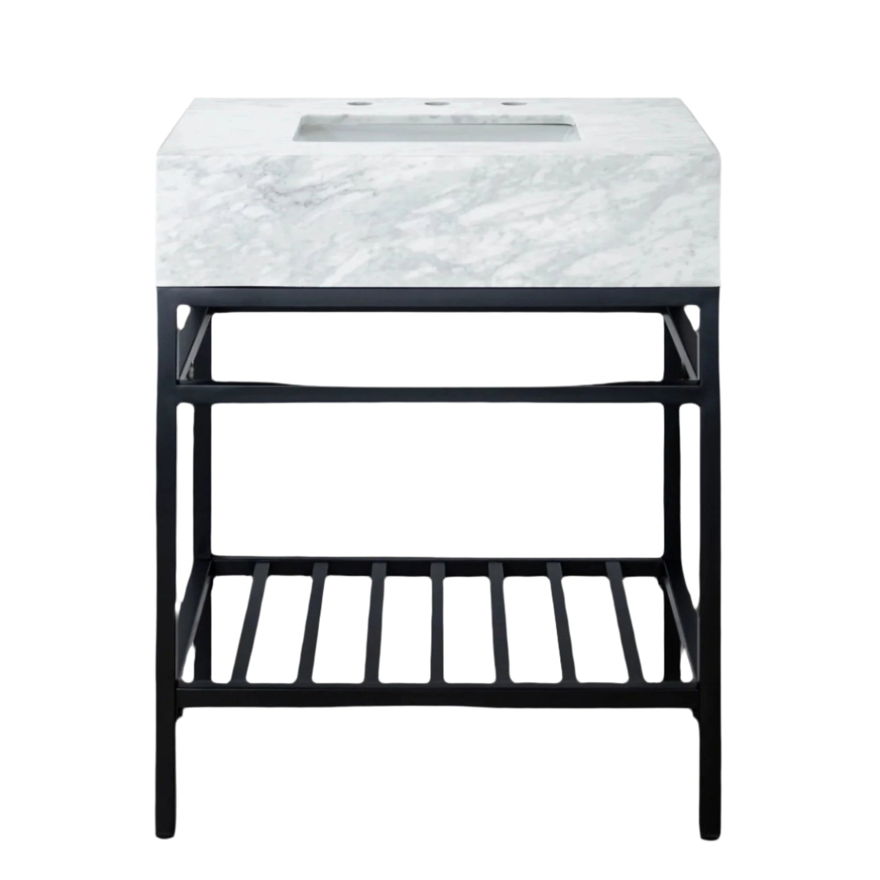A freestanding bathroom vanity with a white marble countertop and black metal shelf.