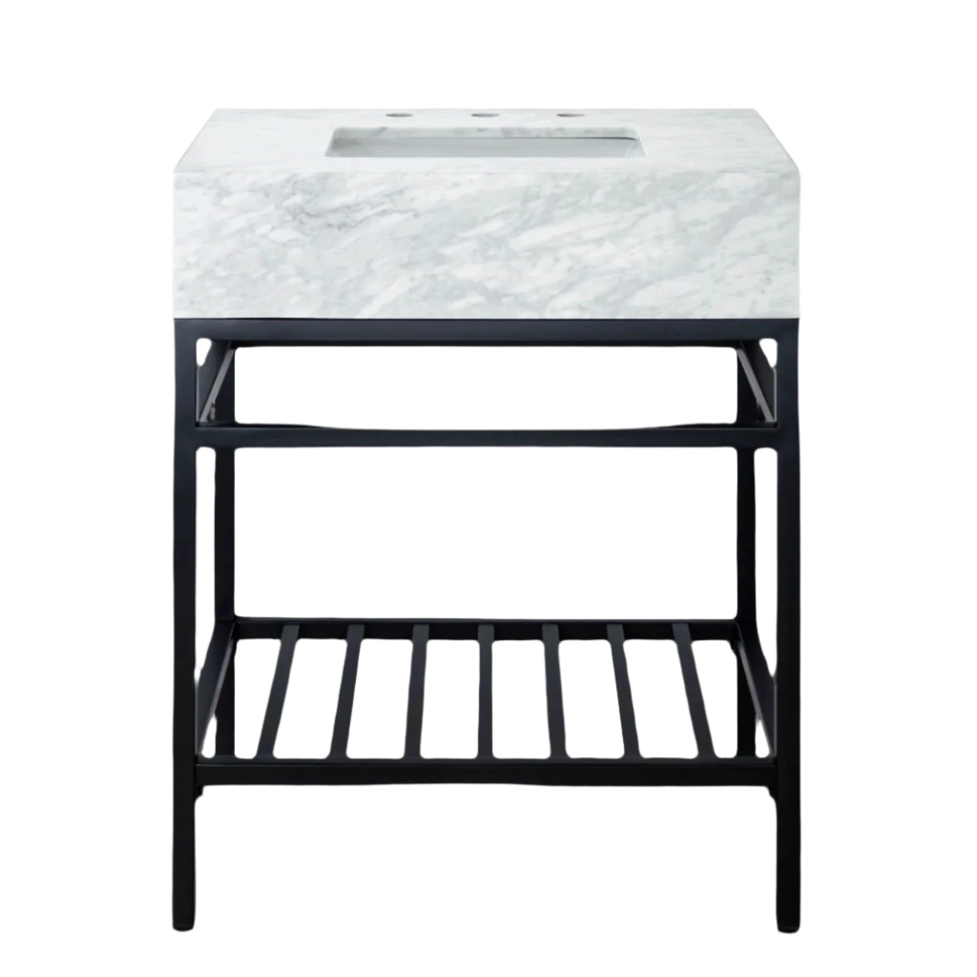 A freestanding bathroom vanity with a white marble countertop and black metal shelf.