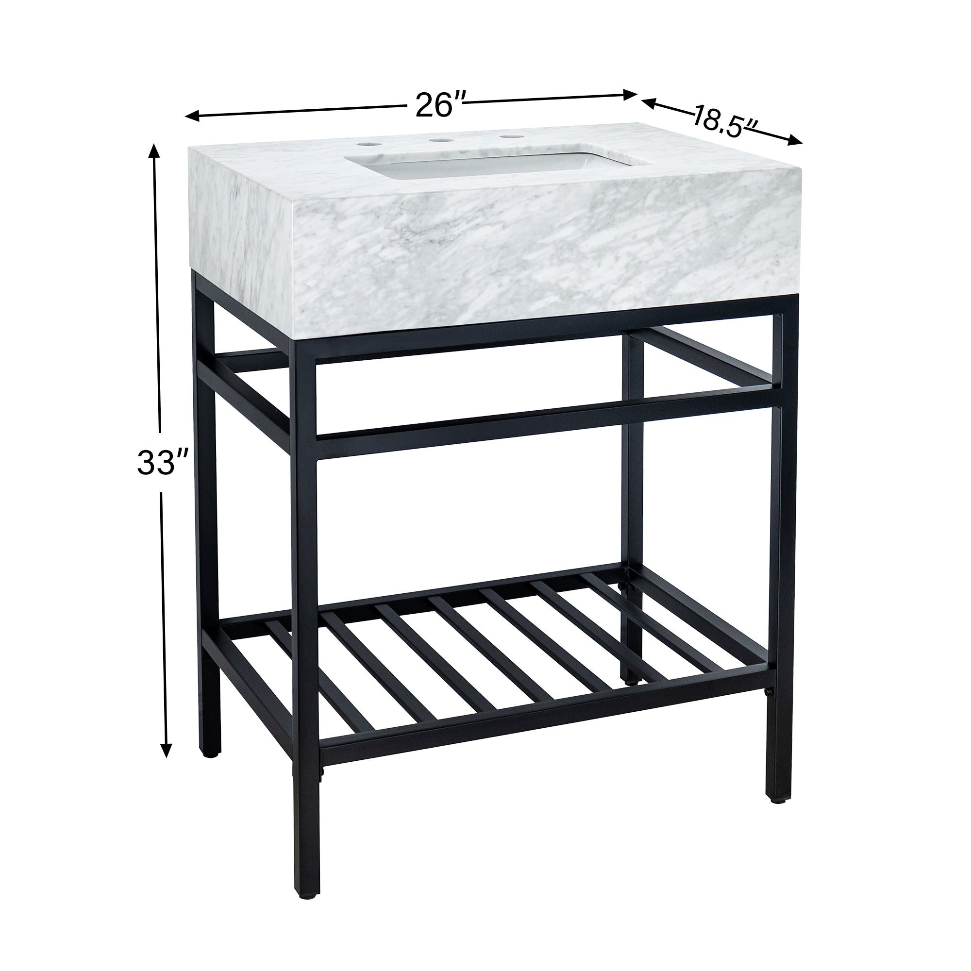 Rens Freestanding Bath Vanity in Italy Carrara White Marble top with Black Metal Shelf