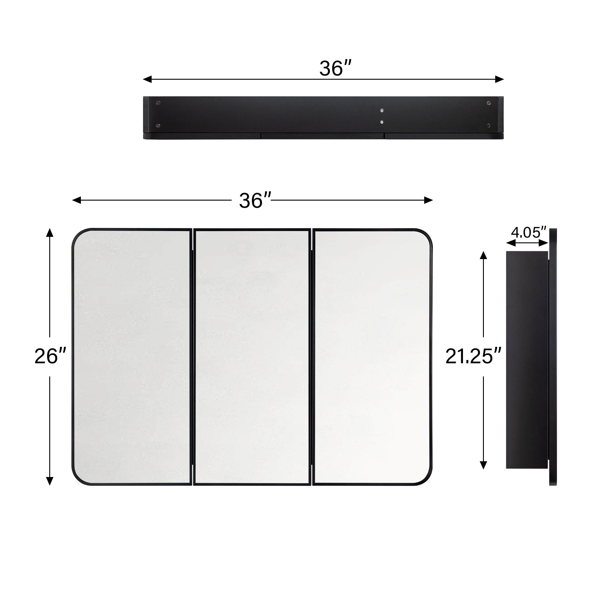 TEHOME Triple Door Bathroom Medicine Cabinet with Mirror,  Black Metal Frame, Soft Close, Adjustable Glass Shelves, Surface & Recessed Wall Mounted, Fully Assembled