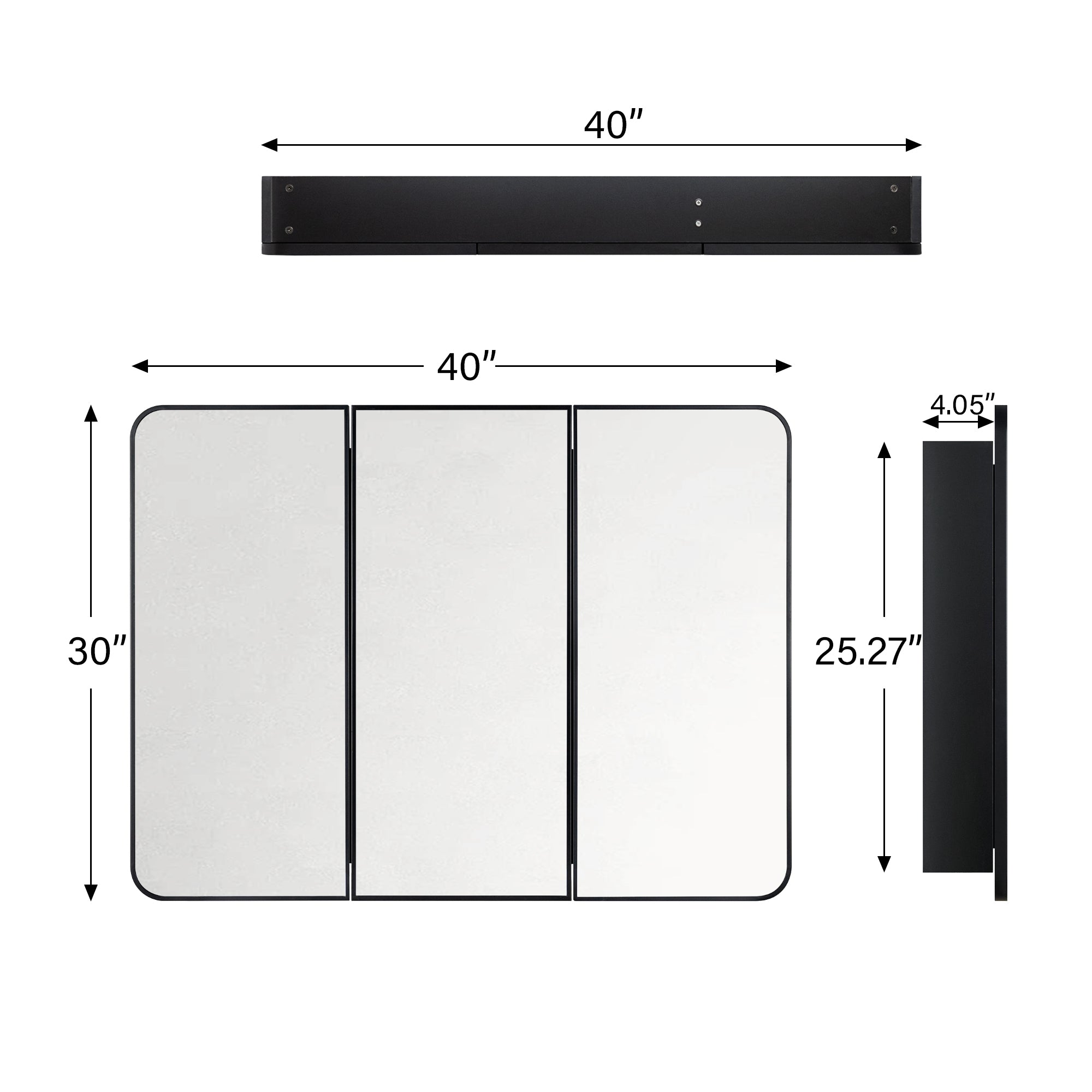 TEHOME Triple Door Bathroom Medicine Cabinet with Mirror,  Black Metal Frame, Soft Close, Adjustable Glass Shelves, Surface & Recessed Wall Mounted, Fully Assembled
