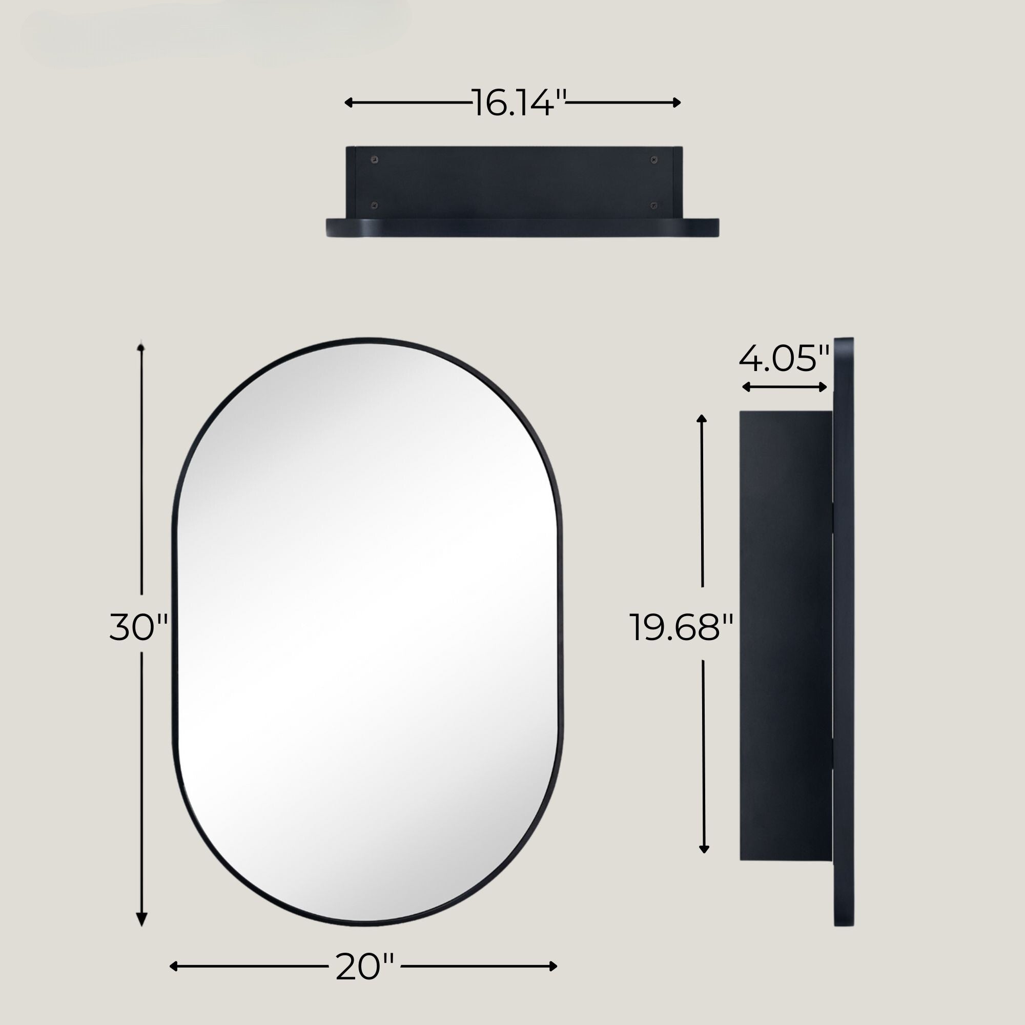 Surface Mounted Pill Shaped Oval Medicine Cabinet with Mirror Black Metal Oval Bathroom Medicine Cabinet with Adjustable Glass Shelves, 20'' W x 30'' H