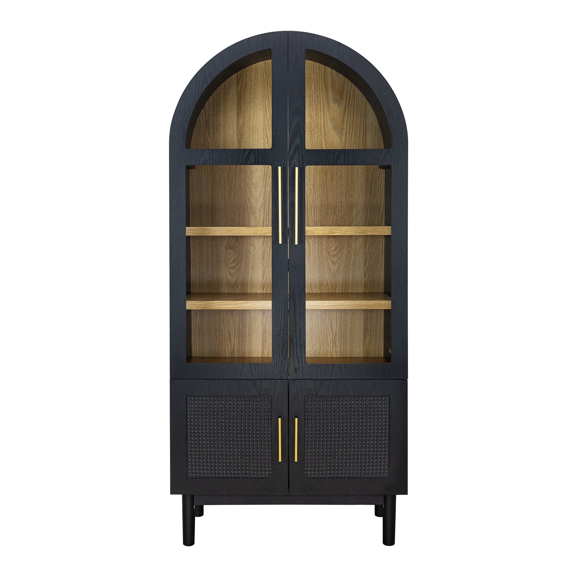 Arched Storage Display Cabinet with Tempered Glass Doors and Adjustable Shelves, Kitchen Pantry Cabinet, Arch Bookcase, Assembly Required