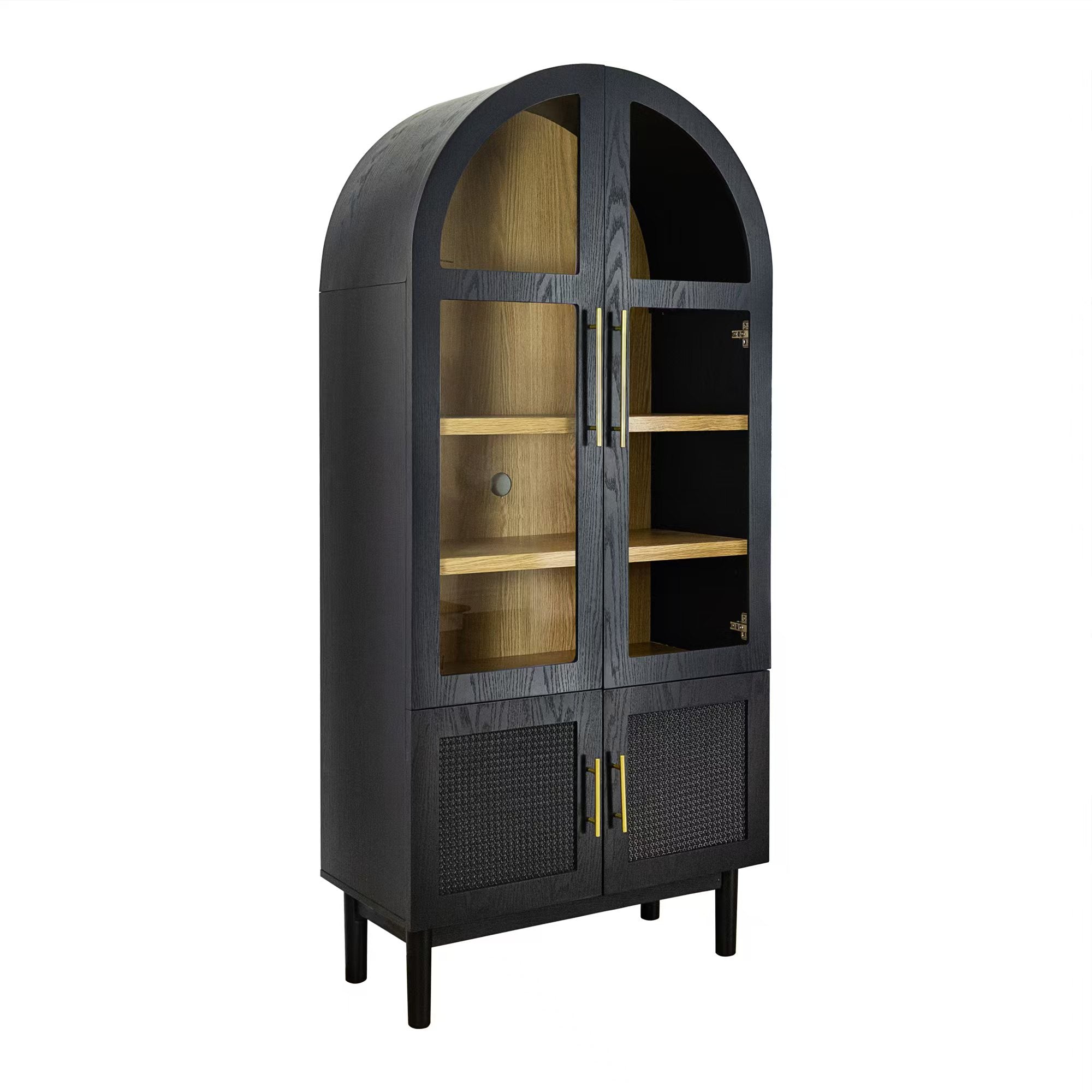 Arched Storage Display Cabinet with Tempered Glass Doors and Adjustable Shelves, Kitchen Pantry Cabinet, Arch Bookcase, Assembly Required