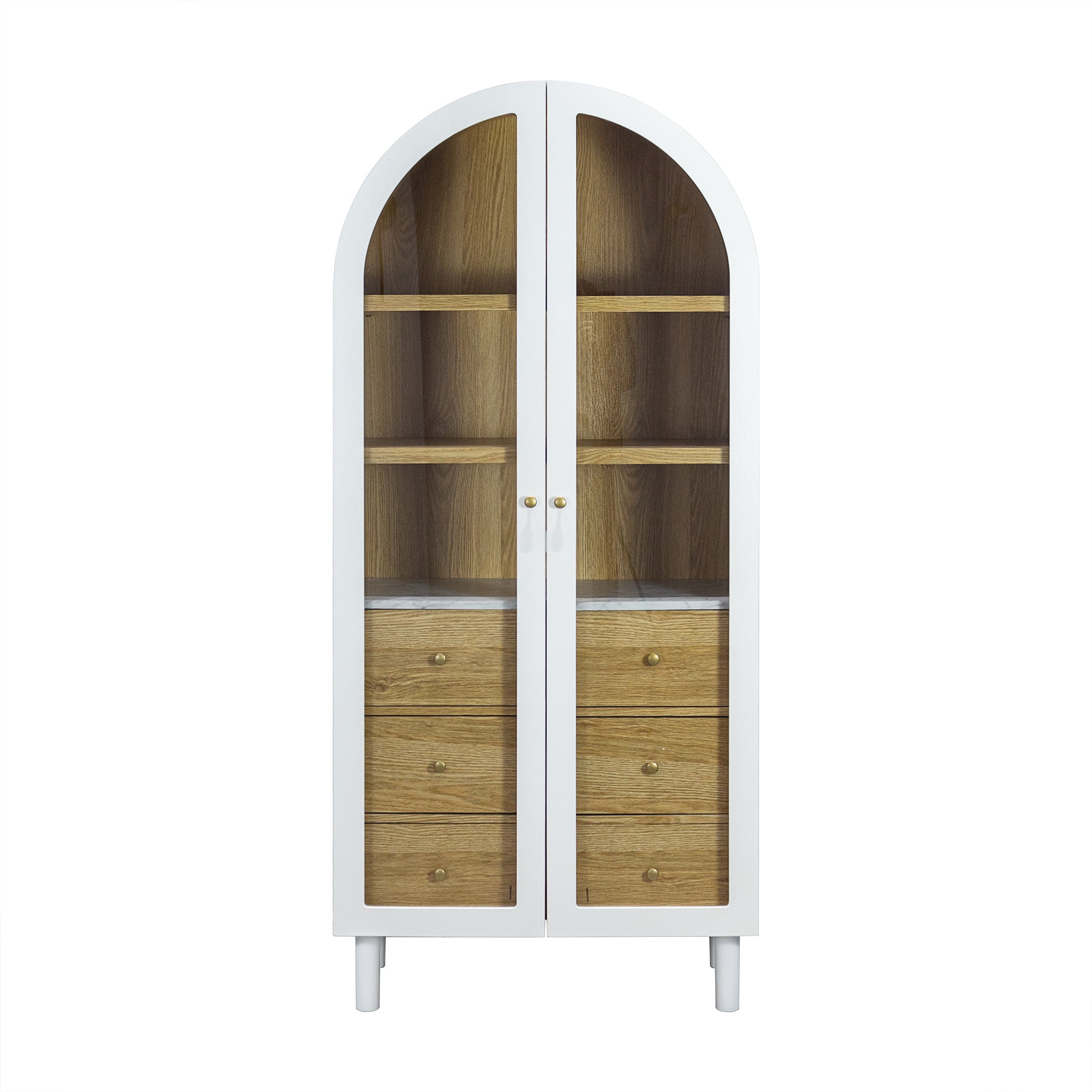 Arched Storage Display Cabinet with Tempered Glass Doors and Adjustable Shelves, Kitchen Pantry Cabinet, Arch Bookcase, Assembly Required