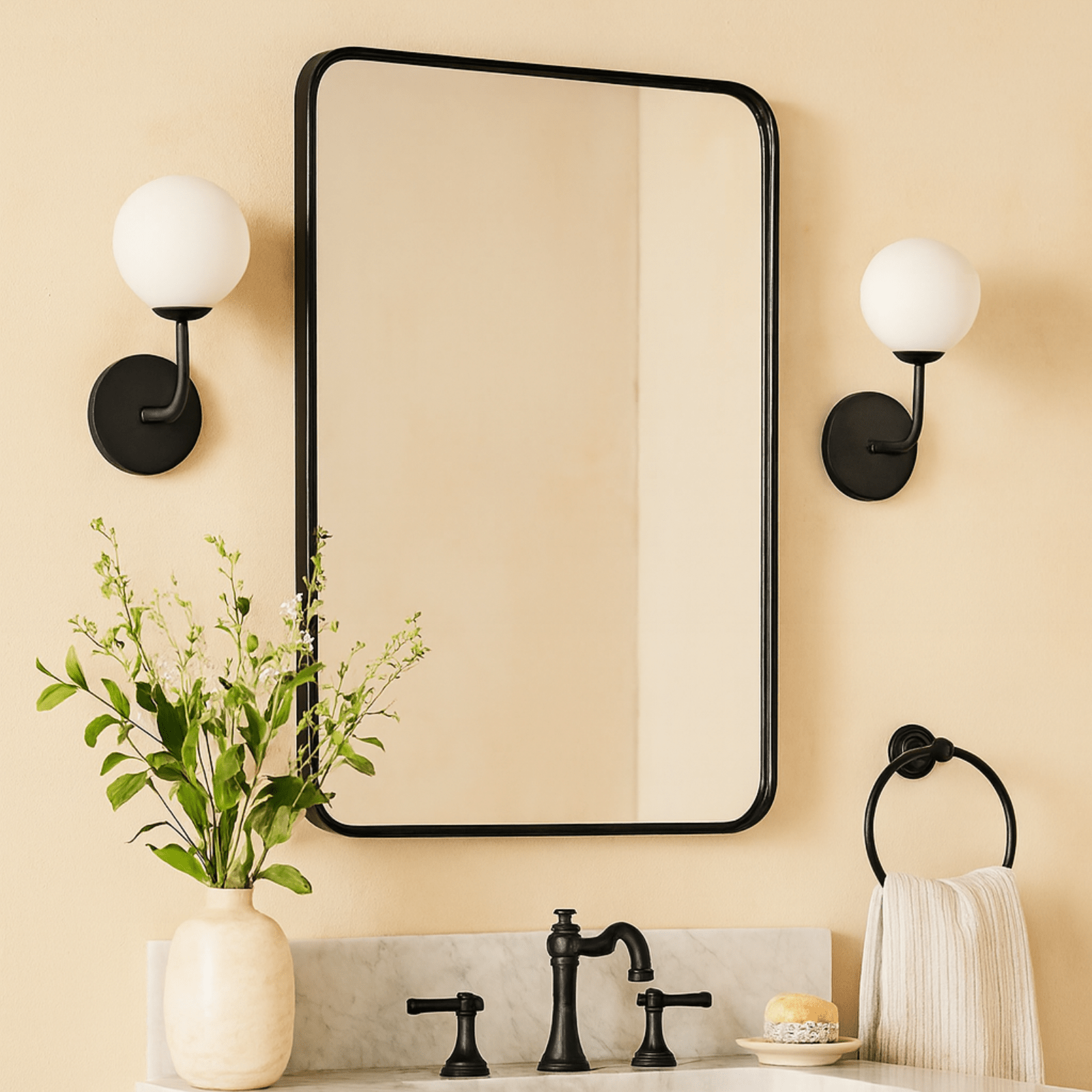 Aria Modern Rectangle Wall Mirrors with Rounded Corners GC-00774 Black 20x28" TEHOME