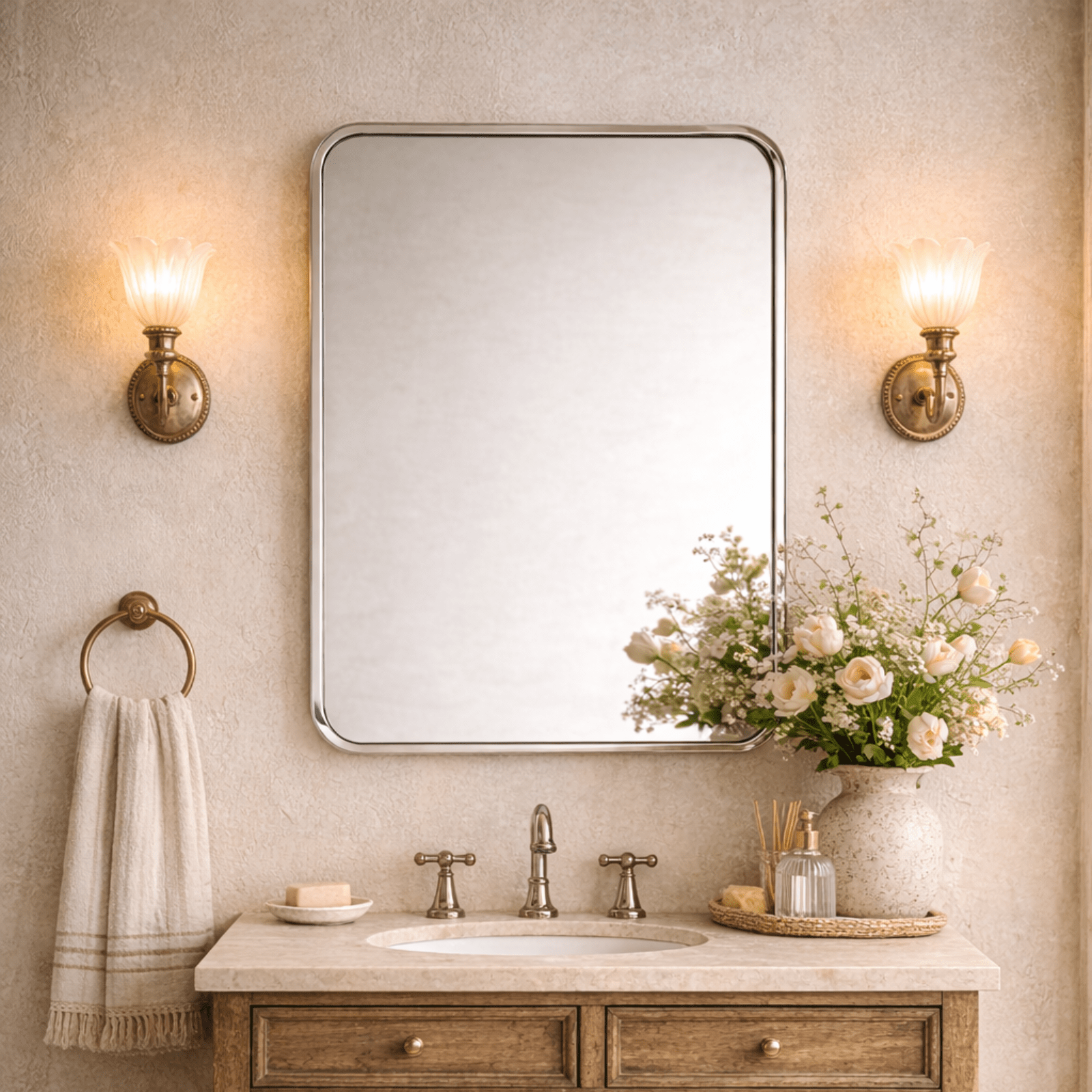 Aria Modern Rectangle Wall Mirrors with Rounded Corners GC-00775 Chrome 20x28" TEHOME