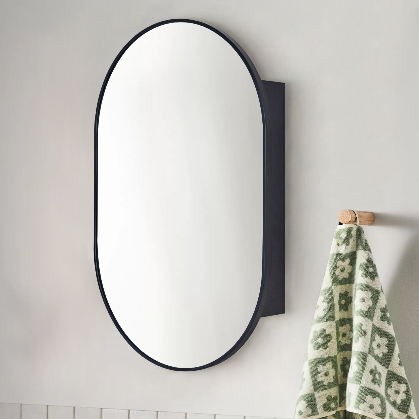 Surface Mounted Pill Shaped Oval Medicine Cabinet with Mirror Black Metal Oval Bathroom Medicine Cabinet with Adjustable Glass Shelves, 20'' W x 30'' H