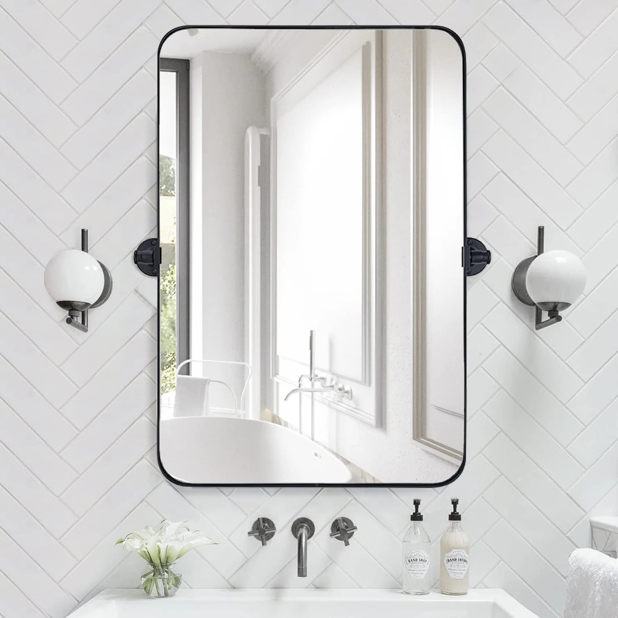 Rounded Rectangular Pivoting Metal Framed Wall Mounted Bathroom Vanity Mirror