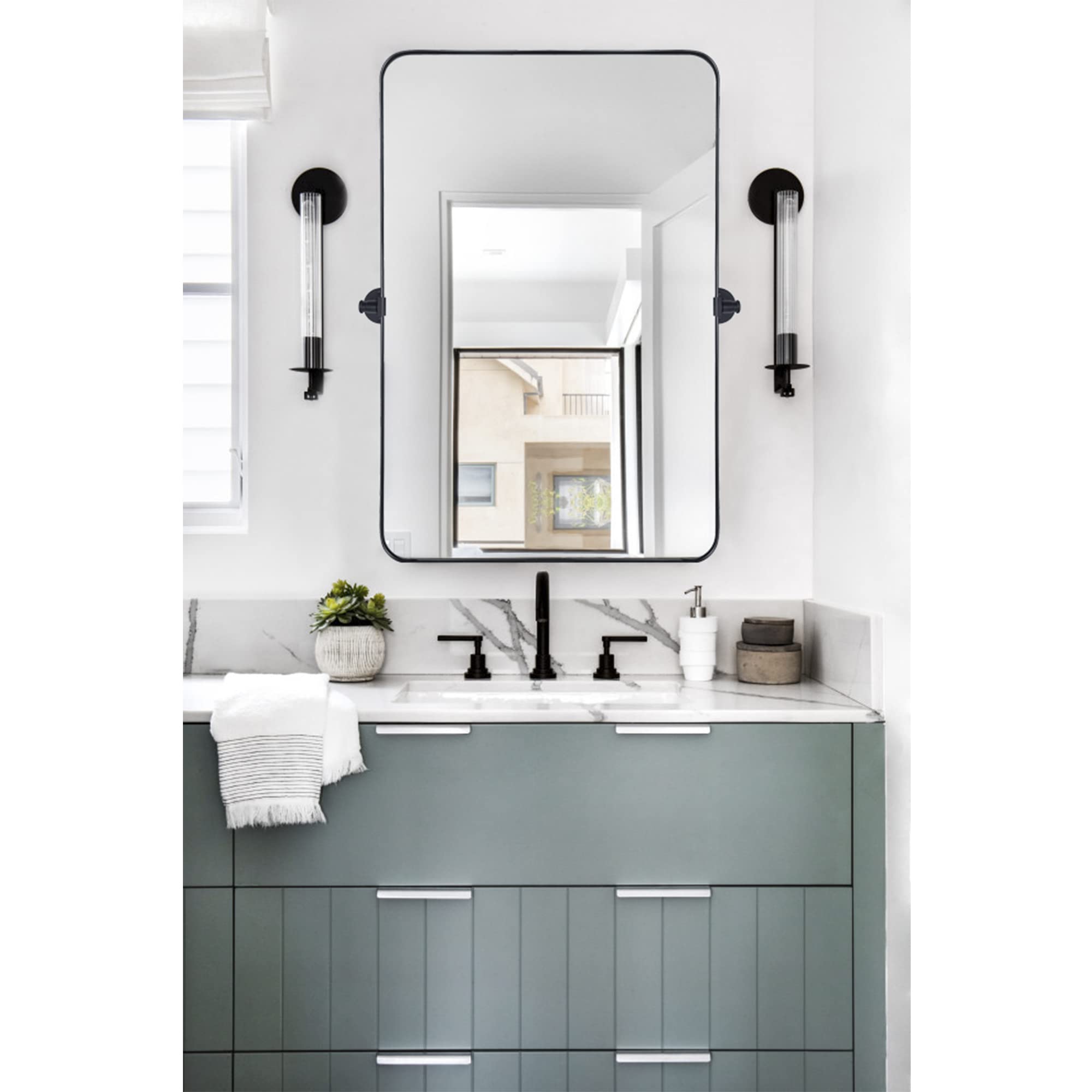 Rounded Rectangular Pivoting Metal Framed Wall Mounted Bathroom Vanity Mirror