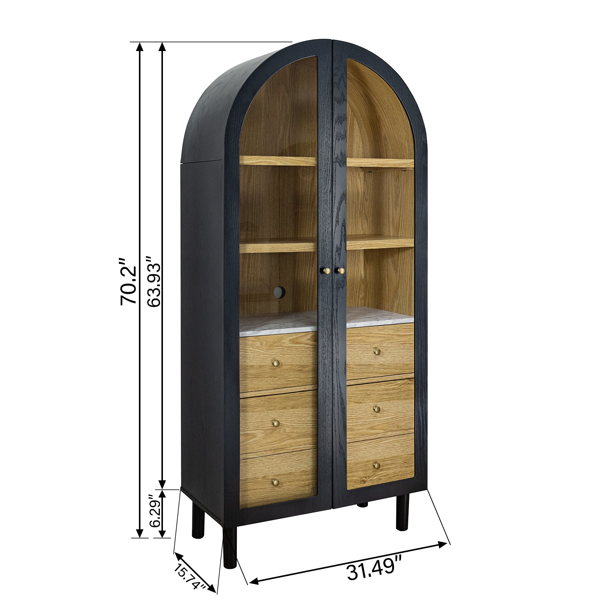 Arched Storage Display Cabinet with Tempered Glass Doors and Adjustable Shelves, Kitchen Pantry Cabinet, Arch Bookcase, Assembly Required