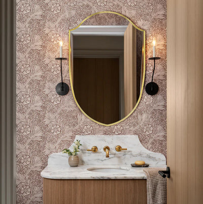 gold accent mirror, irregular shield design, accent bathroom vanity mirror