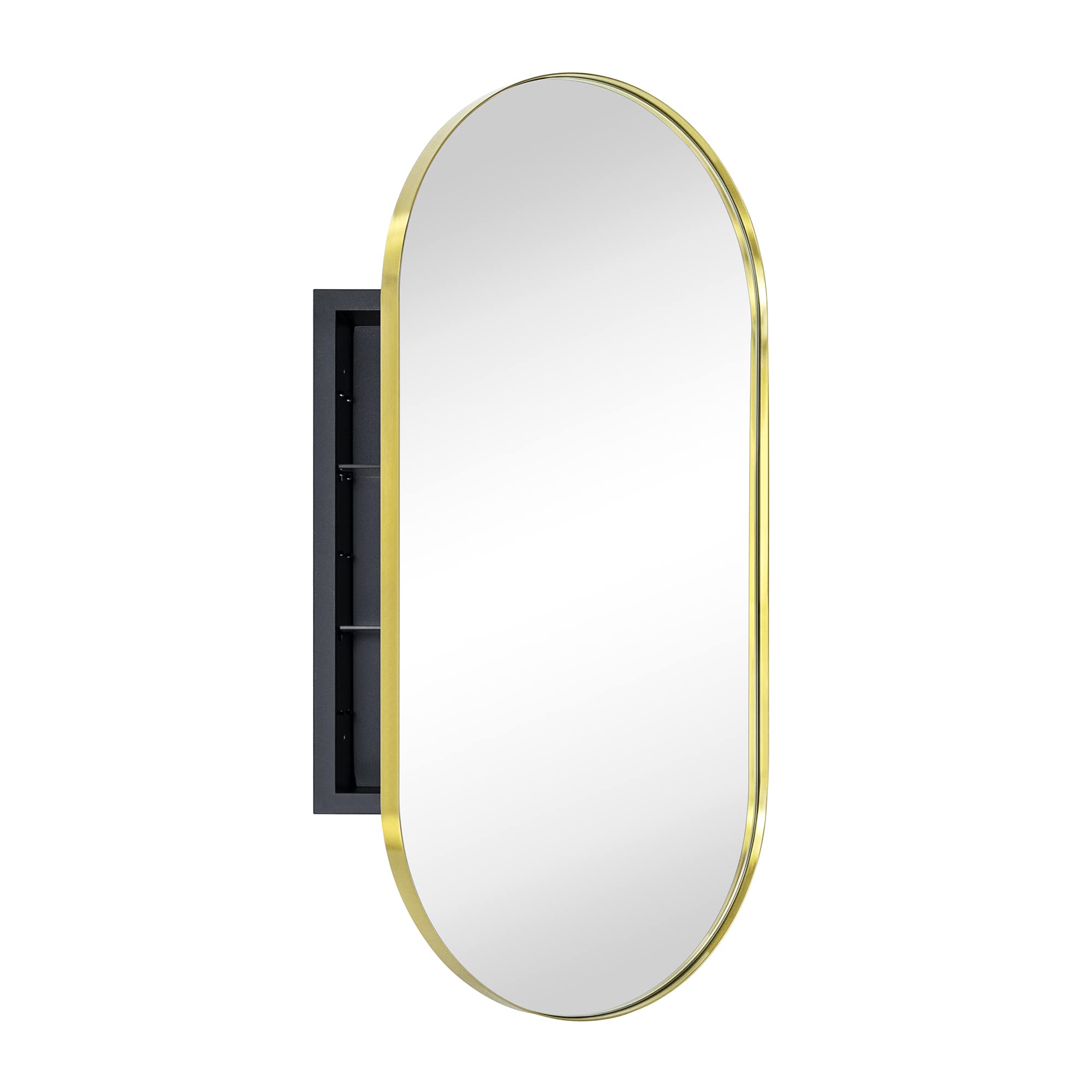 Oval Pill Shape Metal Framed Recessed Medicine Cabinet with Mirror