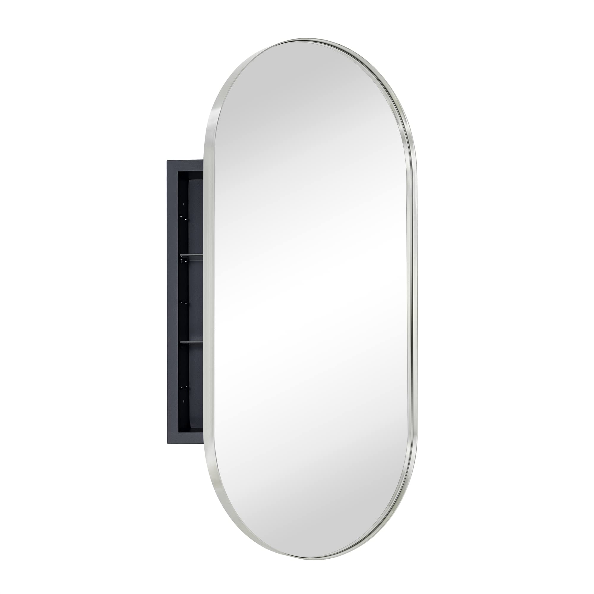 Oval Pill Shape Metal Framed Recessed Medicine Cabinet with Mirror