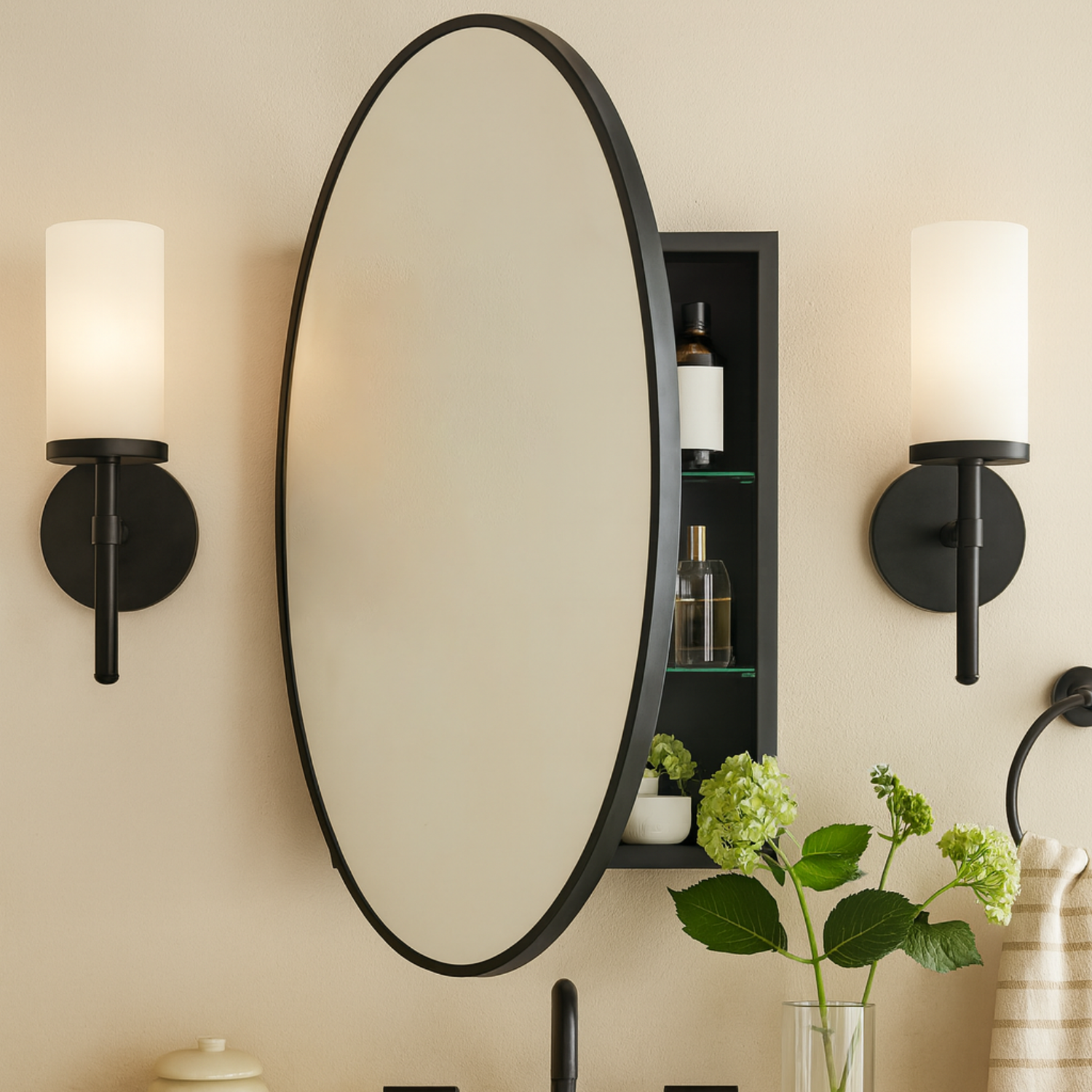 Cedar Modern Oval Surface Mount Bathroom Medicine Cabinet with Mirrors, 20x30" in Black
