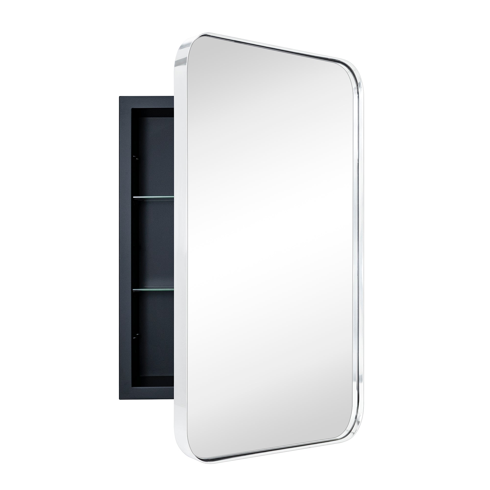 Rounded Rectangular Stainless Steel Recessed Framed Medicine Cabinet with Mirror