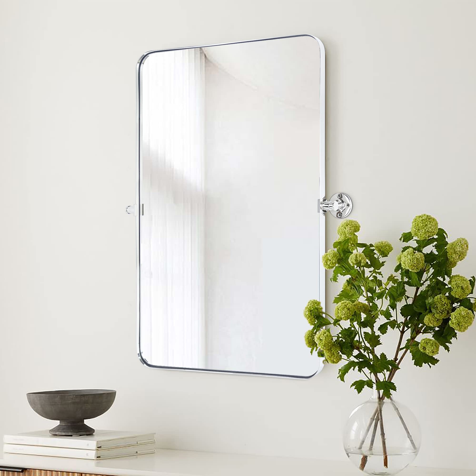 Rounded Rectangular Pivoting Metal Framed Wall Mounted Bathroom Vanity Mirror