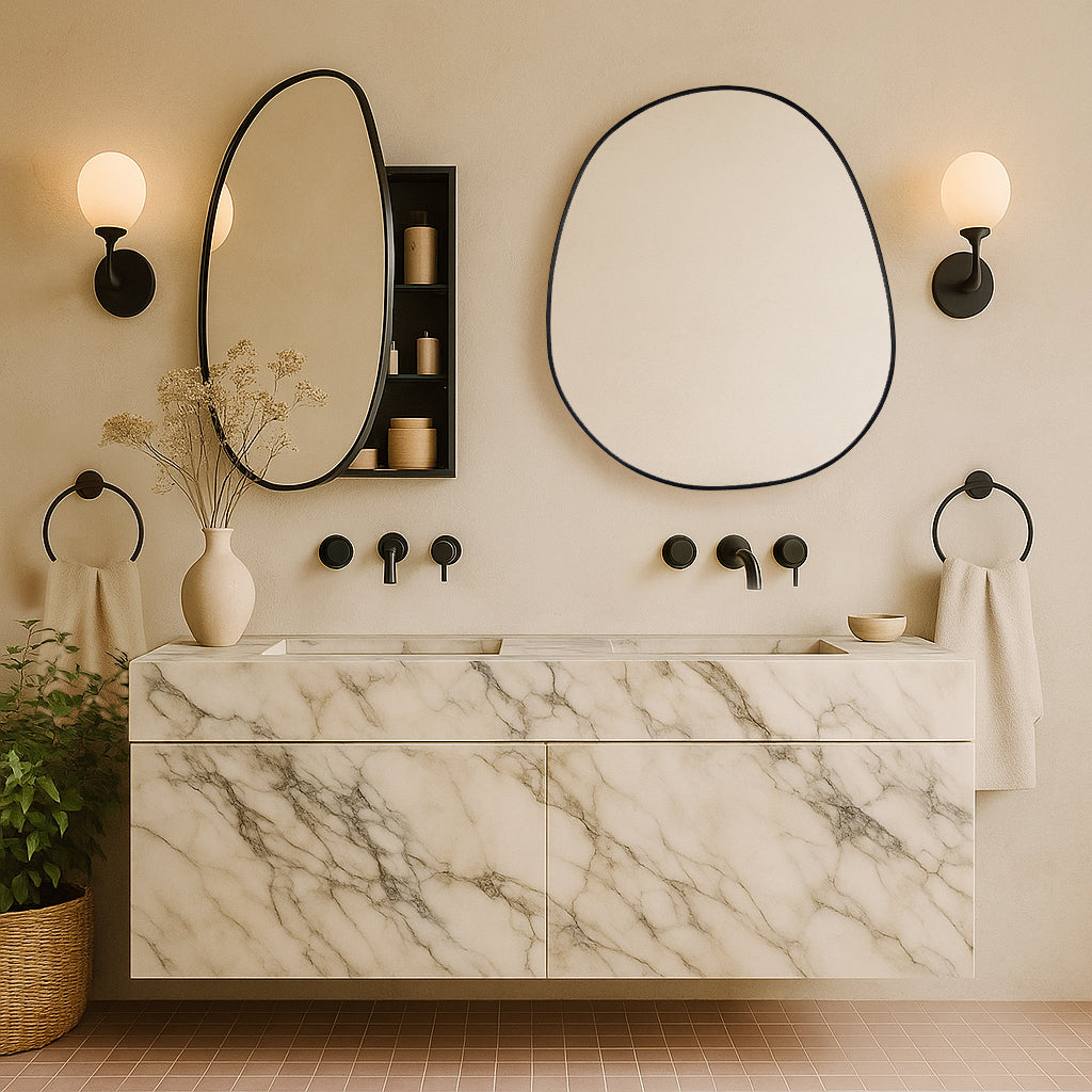 TEHOME Surface Mount Black Bathroom Medicine Cabinet with Mirror, Wall Mounted Irregular Asymmetrical Silvered Glass Mirror with Adjustable Tempered Glass Shelves, Fully Assembled