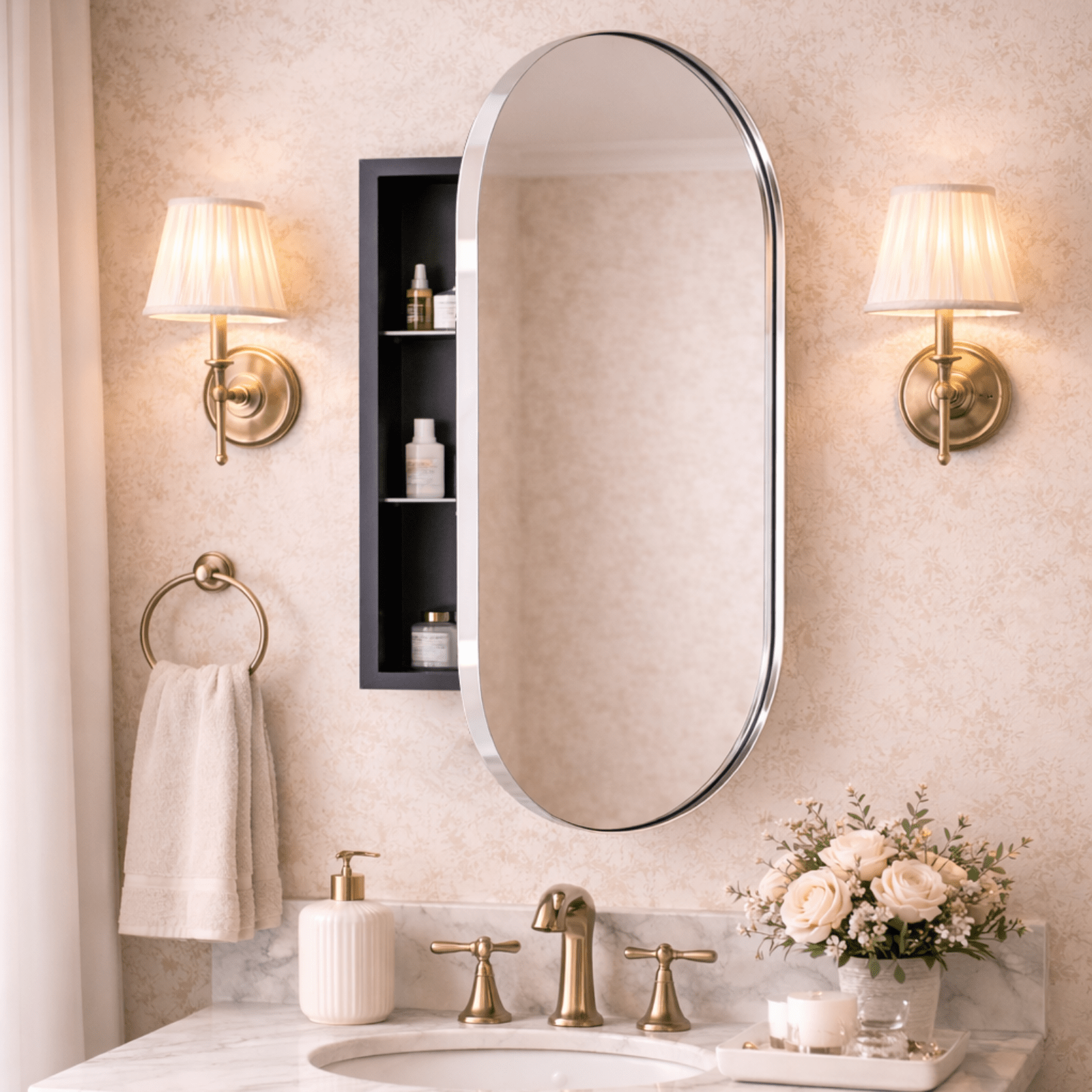 Daisy - Mai Modern Pill Recessed Mount Bathroom Medicine Cabinet with Mirrors GC-00598 Oil Rubbed Bronze 16x33" TEHOME