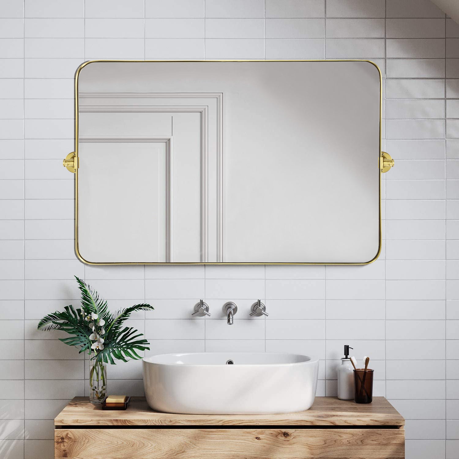 Rounded Rectangular Pivoting Metal Framed Wall Mounted Bathroom Vanity Mirror