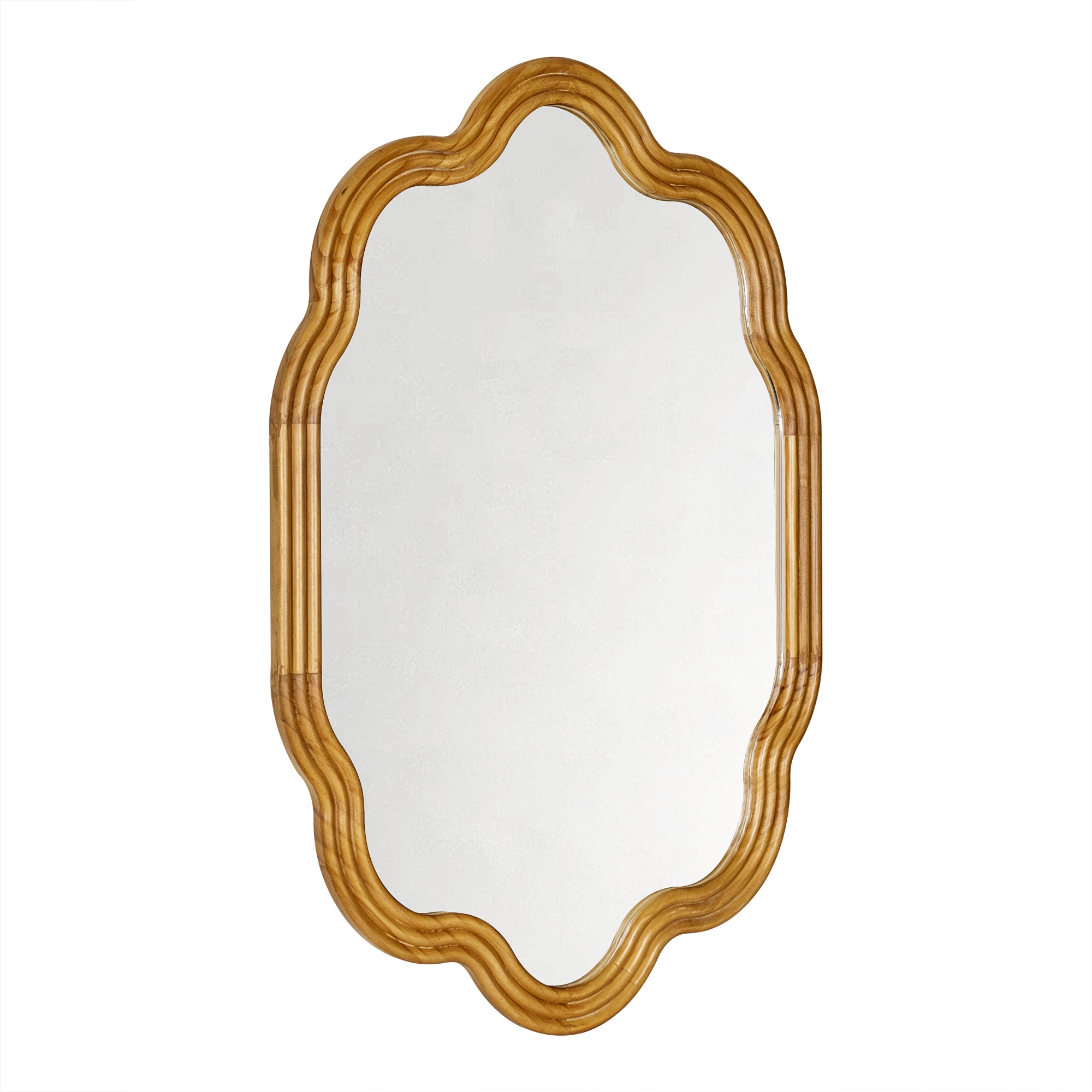 TEHOME 24''x36'' Irregular Wood Framed Mirror with Scalloped and Curvy Corners, Asymmetrical Natural Wood Bathroom Wall Mirror, Vertical/Horizontal Hanging