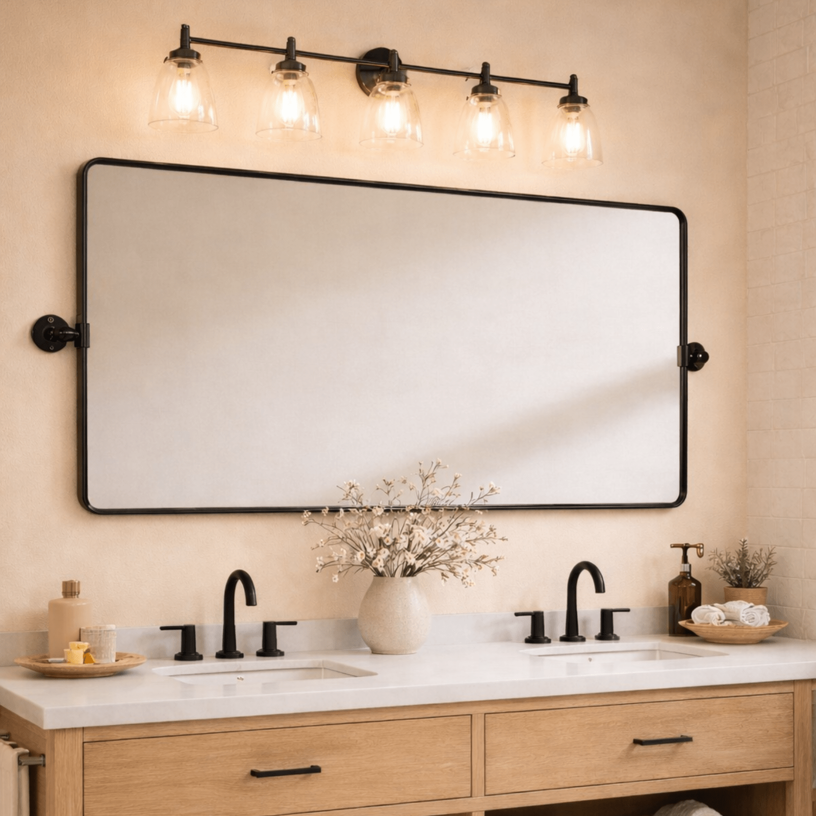 Lutalo Farmhouse Rectangle Horizontal Bathroom Pivot Mirrors GC-00326 Black 30x20" TEHOME