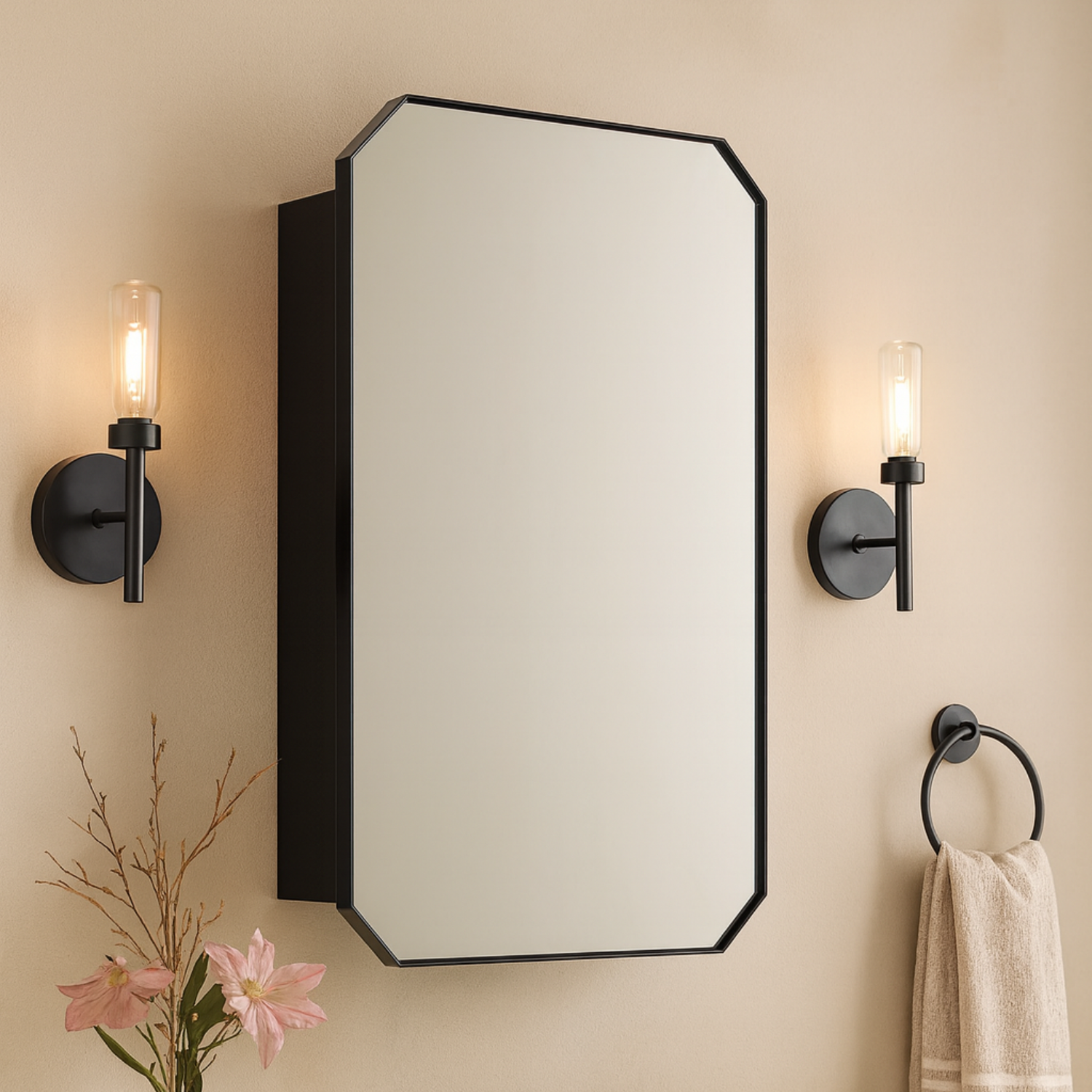 Maeleigh Modern Octagon Recessed and Surface Mount Bathroom Medicine Cabinet with Mirrors, 18x26" in Black