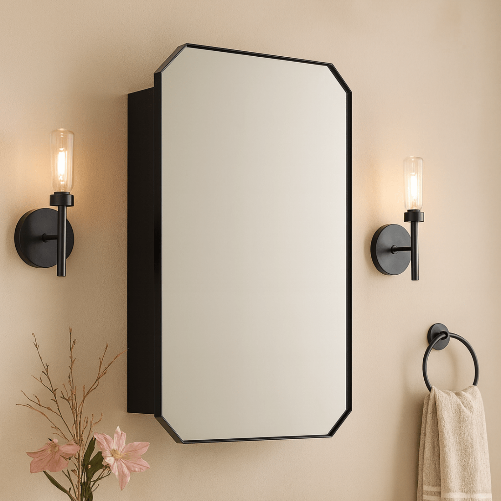 Maeleigh Modern Octagon Recessed and Surface Mount Bathroom Medicine Cabinet with Mirrors, 18x26" in Black GC-00761 TEHOME