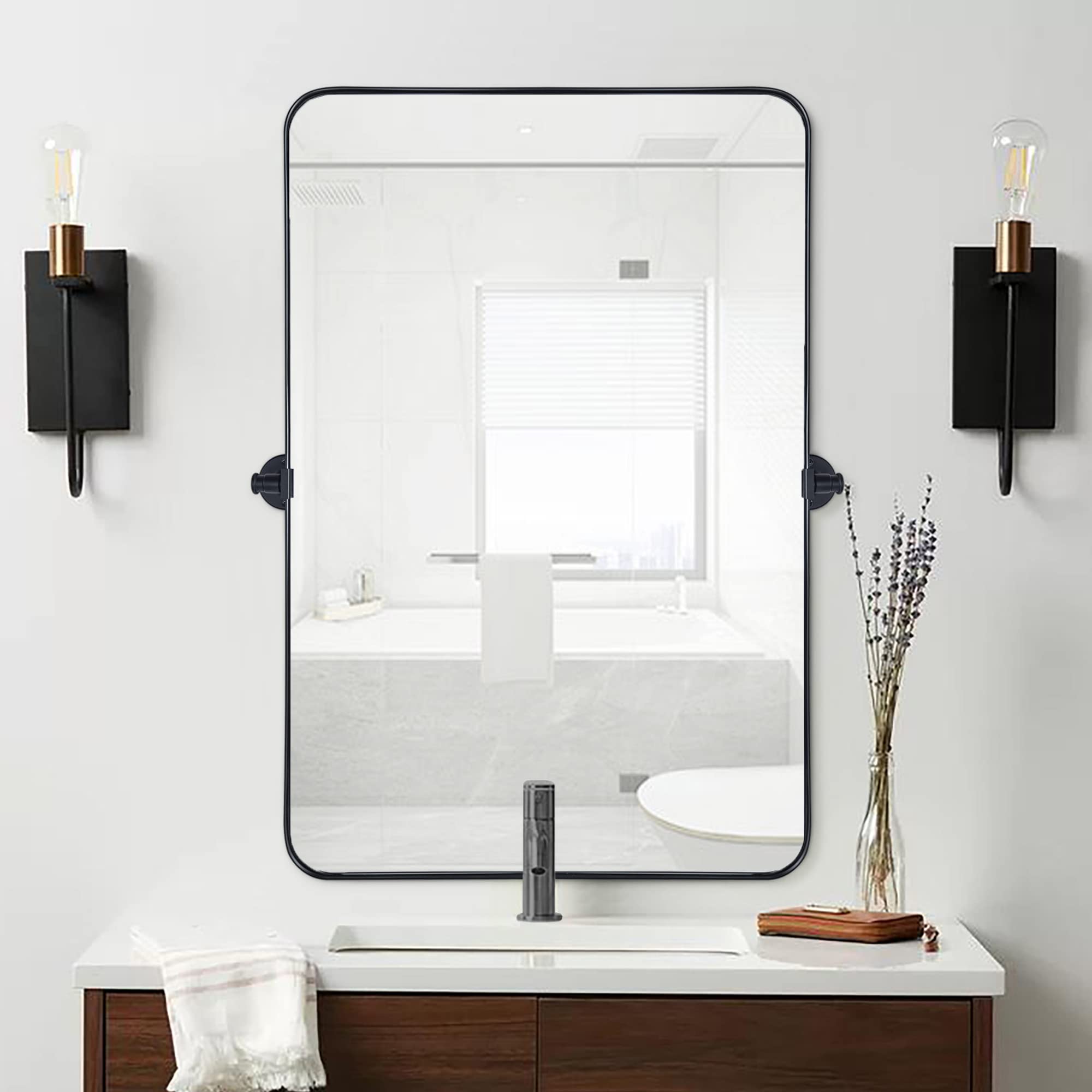 Rounded Rectangular Pivoting Metal Framed Wall Mounted Bathroom Vanity Mirror