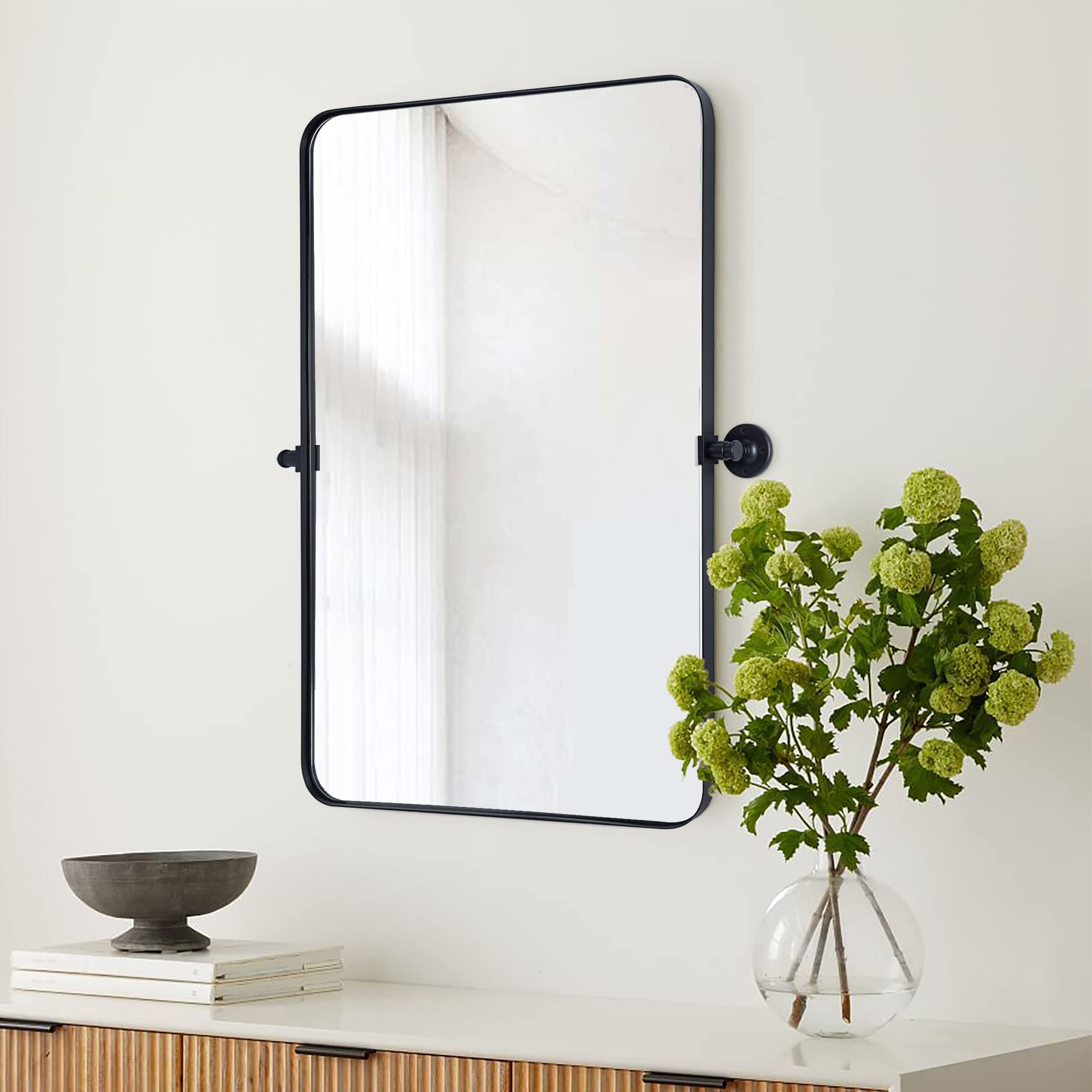 Rounded Rectangular Pivoting Metal Framed Wall Mounted Bathroom Vanity Mirror