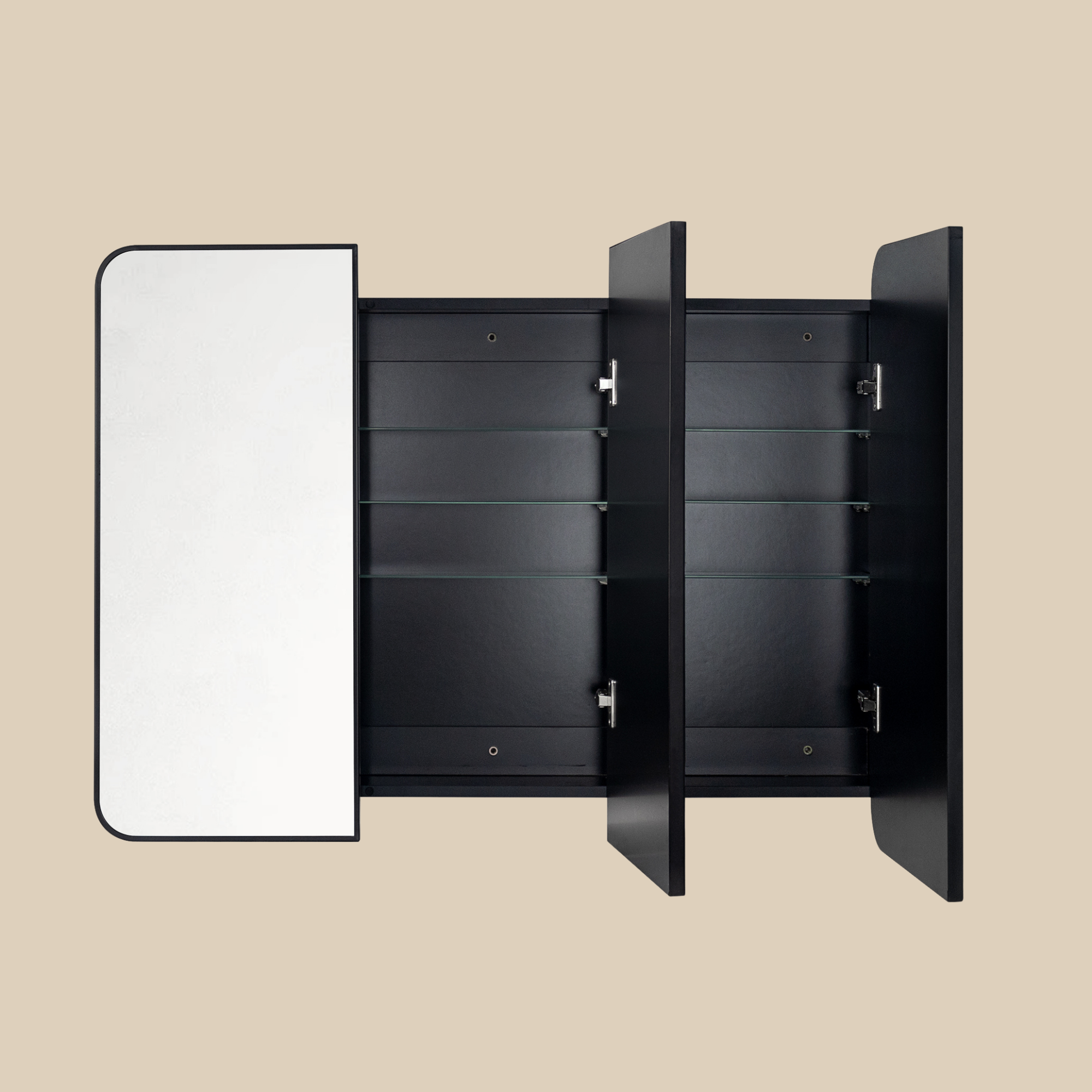 TEHOME Triple Door Bathroom Medicine Cabinet with Mirror,  Black Metal Frame, Soft Close, Adjustable Glass Shelves, Surface & Recessed Wall Mounted, Fully Assembled
