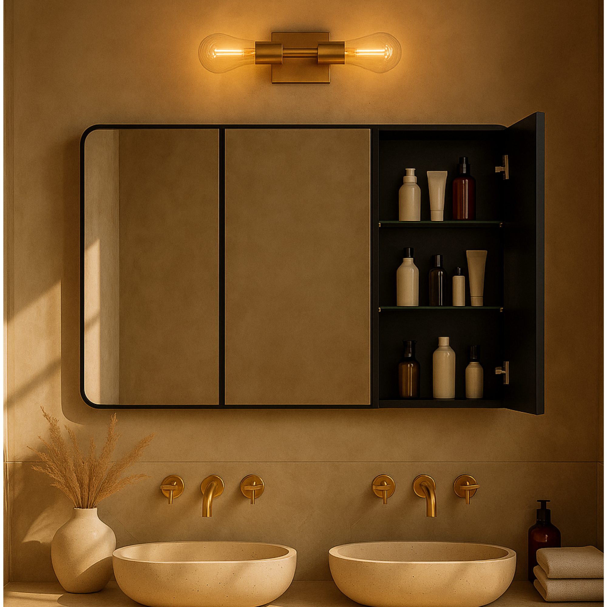 TEHOME Triple Door Bathroom Medicine Cabinet with Mirror,  Black Metal Frame, Soft Close, Adjustable Glass Shelves, Surface & Recessed Wall Mounted, Fully Assembled