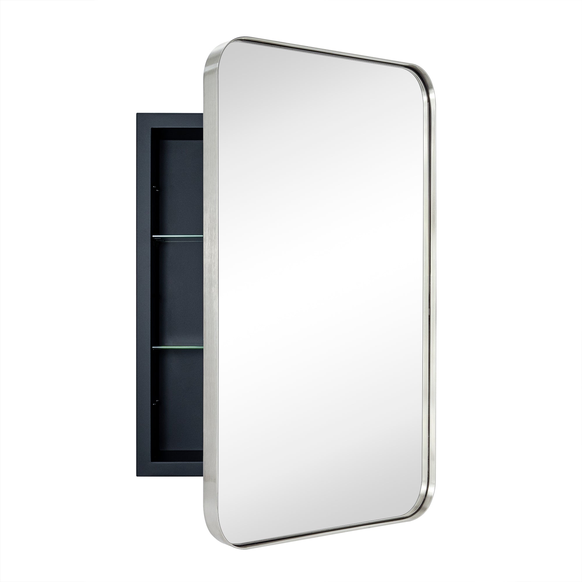 Rounded Rectangular Stainless Steel Recessed Framed Medicine Cabinet with Mirror