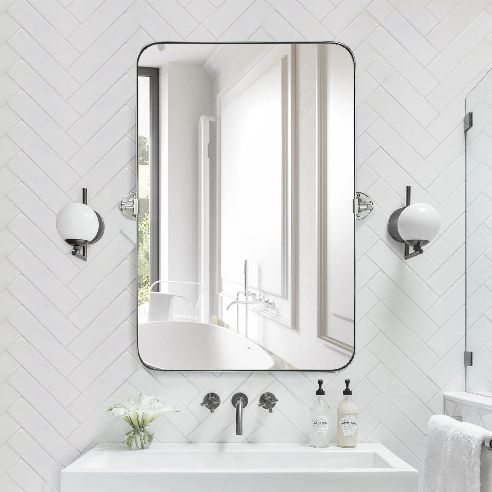 Rounded Rectangular Pivoting Metal Framed Wall Mounted Bathroom Vanity Mirror