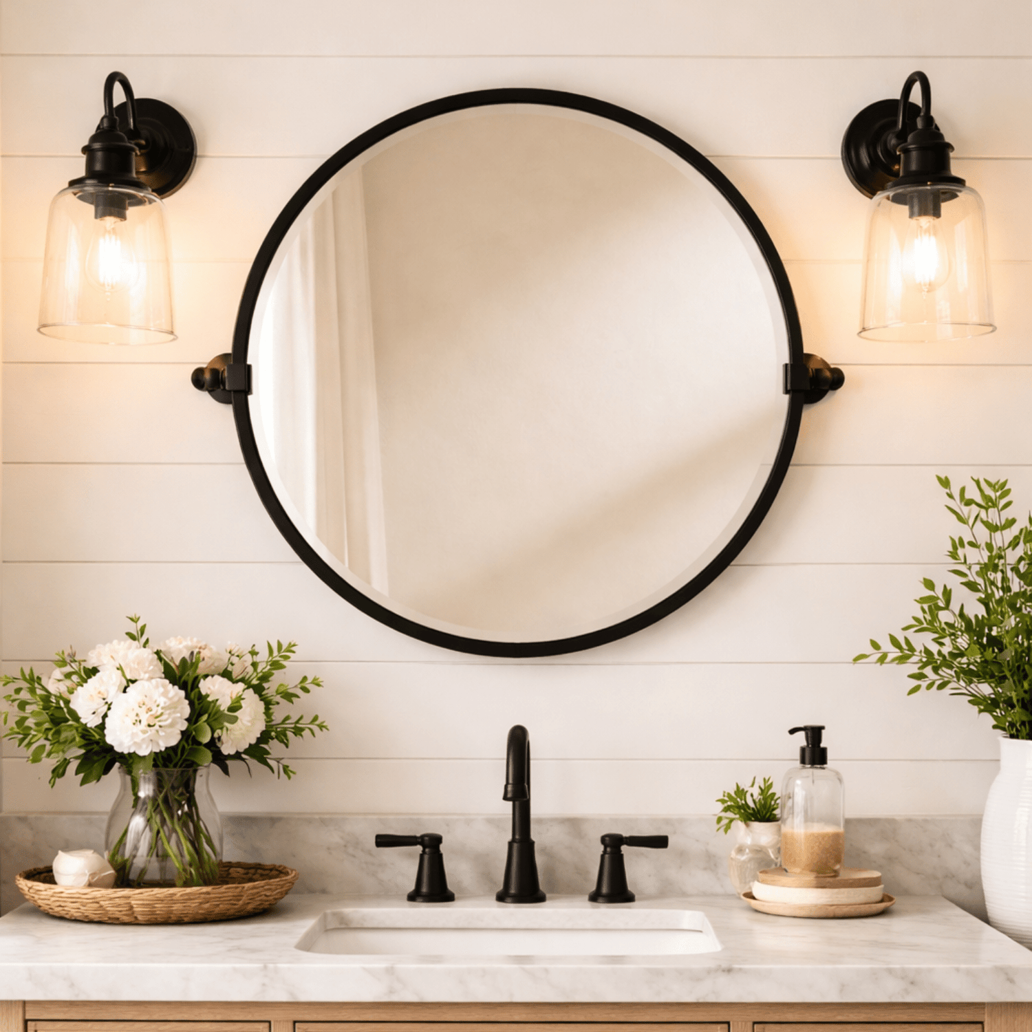 Opeline Farmhouse Round Bathroom Pivot Mirrors, 26" Dia in Black GC-00130 TEHOME